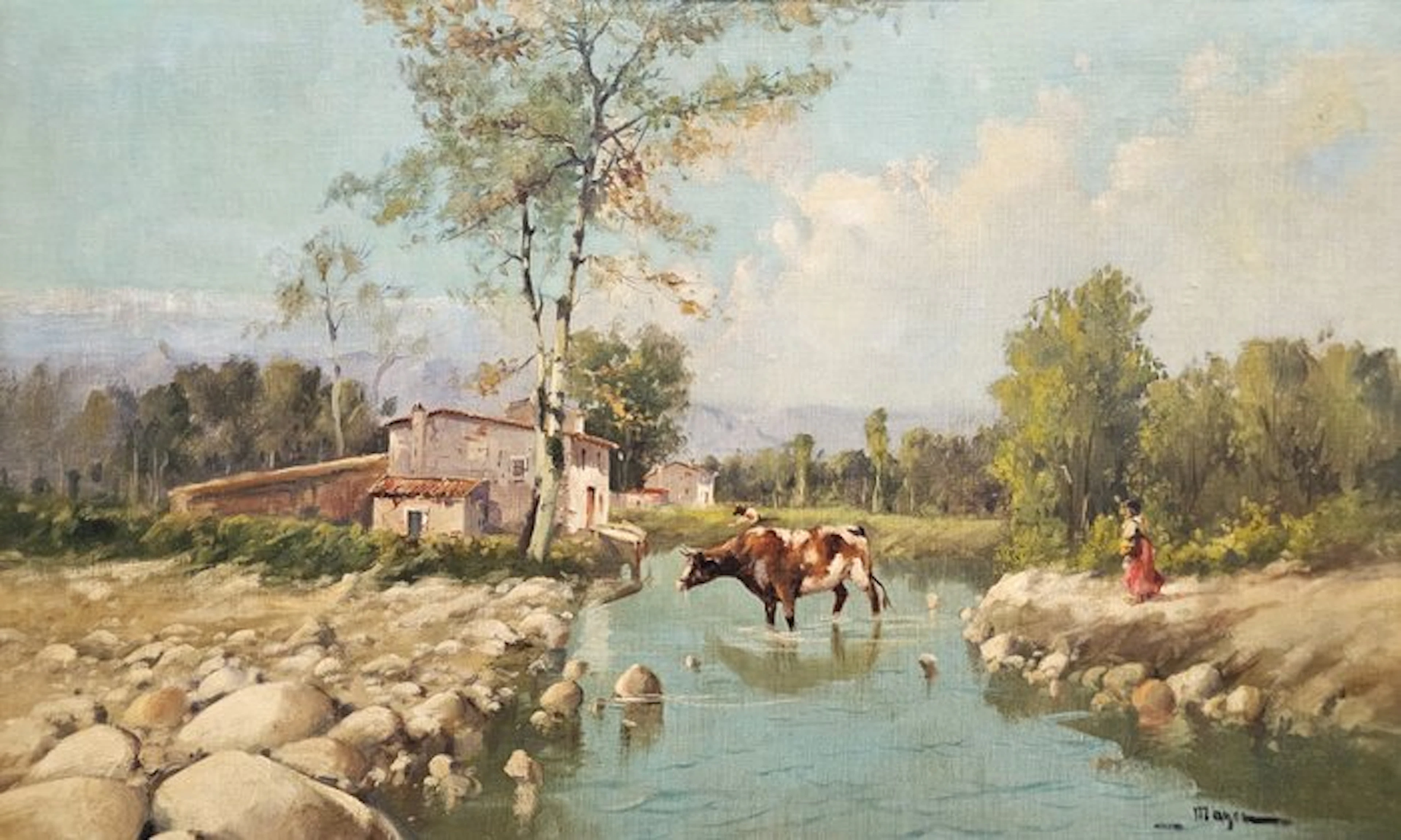 Catalan School (XIX-XX) -XL Format - Rural Landscape by the River