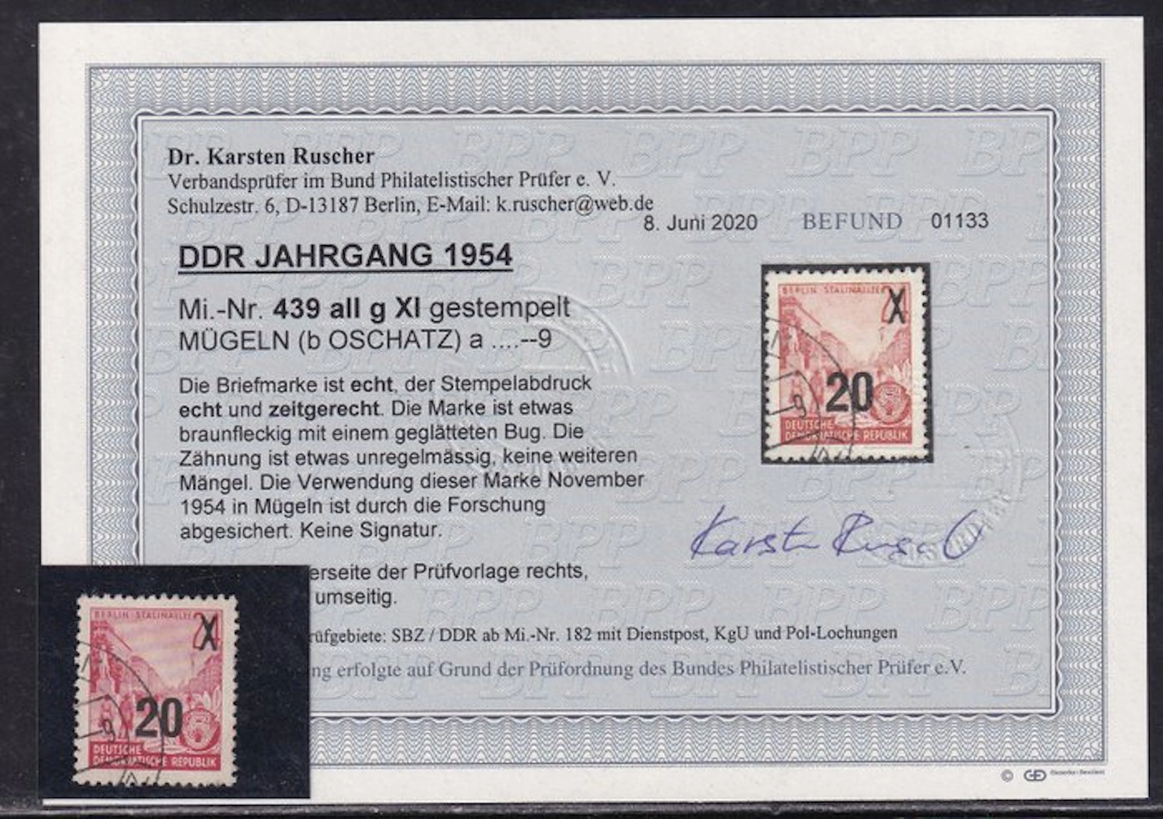 GDR 1954 - Findings: Ruscher BPP. - Michel: 439 all g XI