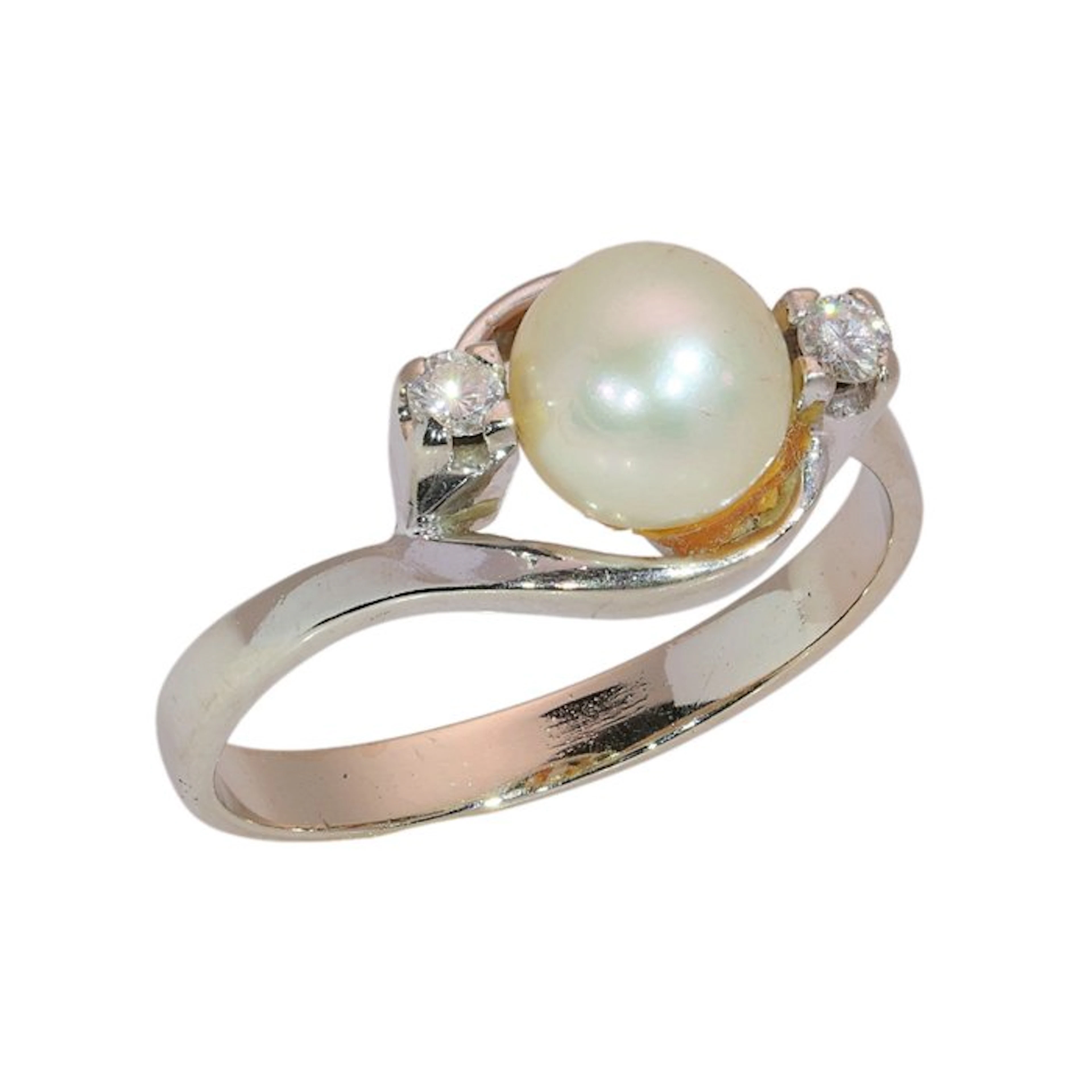 Ring - 18 kt. White gold - Diamond - Pearl, Vintage 1970s