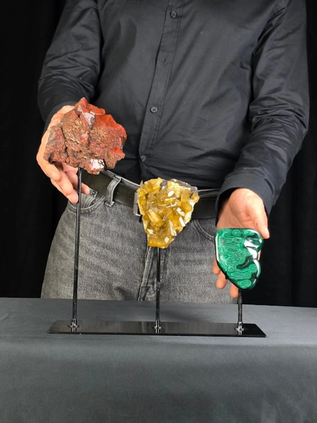 Exquisite Three Specimen Mineral Display on Custom Stand...