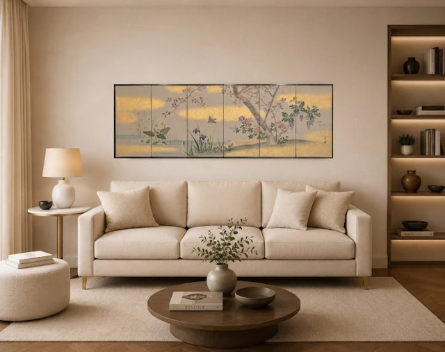A gold dust six panel byobu folding screen sakura tree - Gold dust