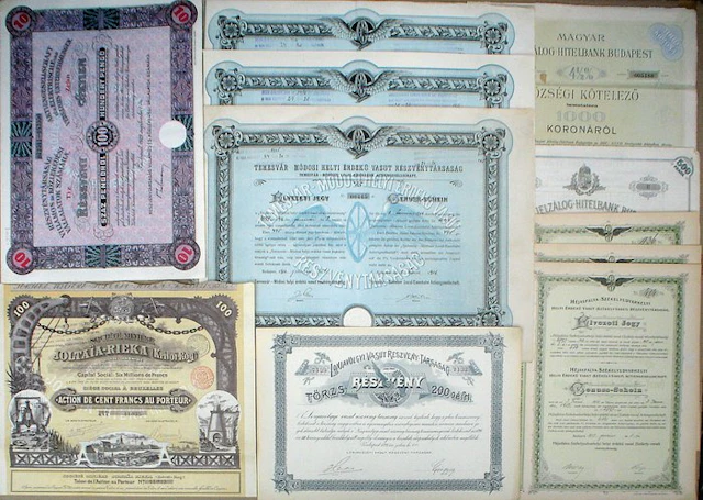 Hungary. 20 x Hungarian Bonds and Stocks uncancelled + coupons