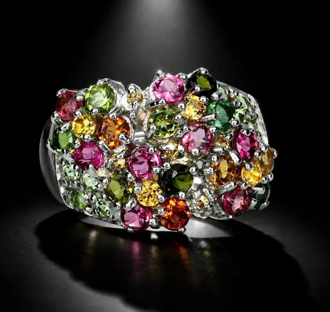 No reserve price - Ring 925 silver - set with tourmalines, peridot, sapphire