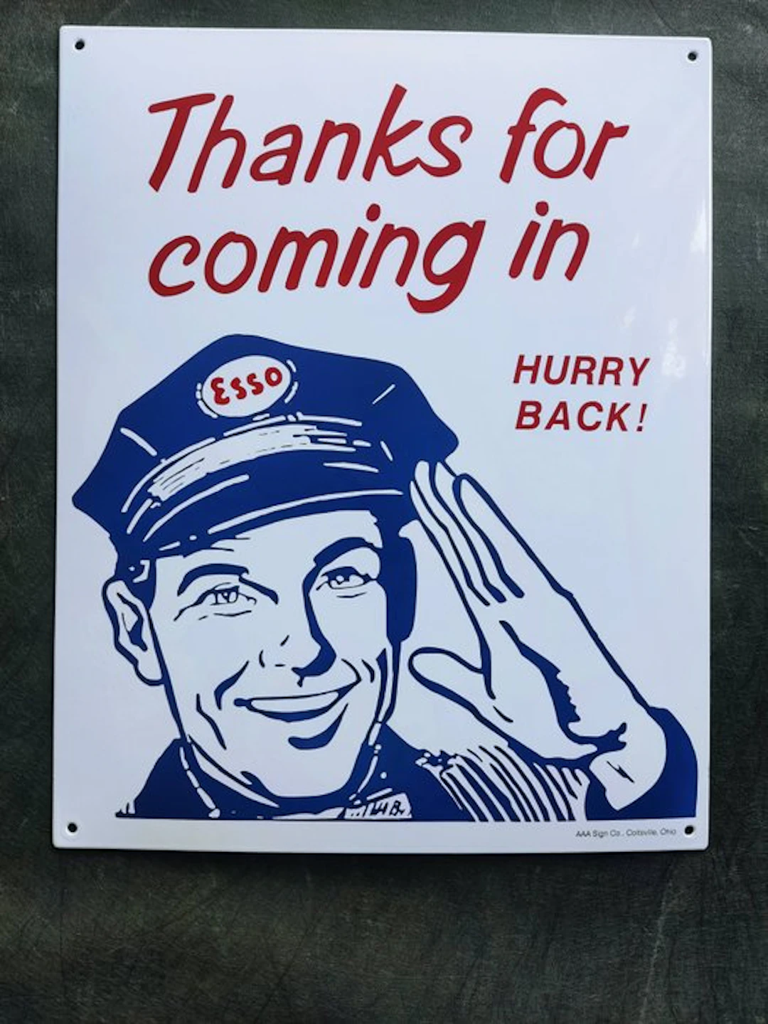 Esso - Hurry back Esso Thanks for coming in enamel sign...