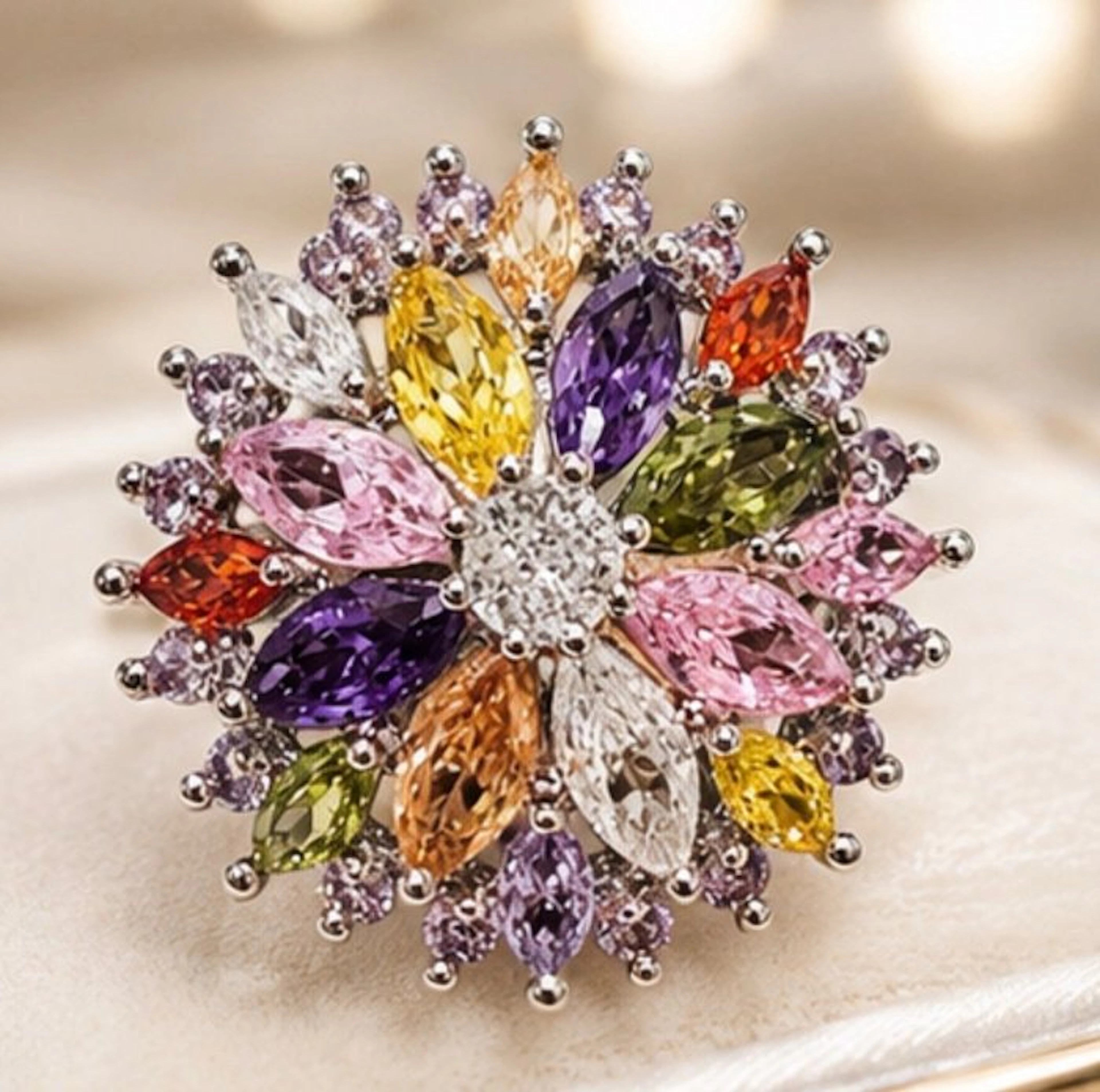 925 Sterling Silver Multicolor Floral Statement Ring - Ring