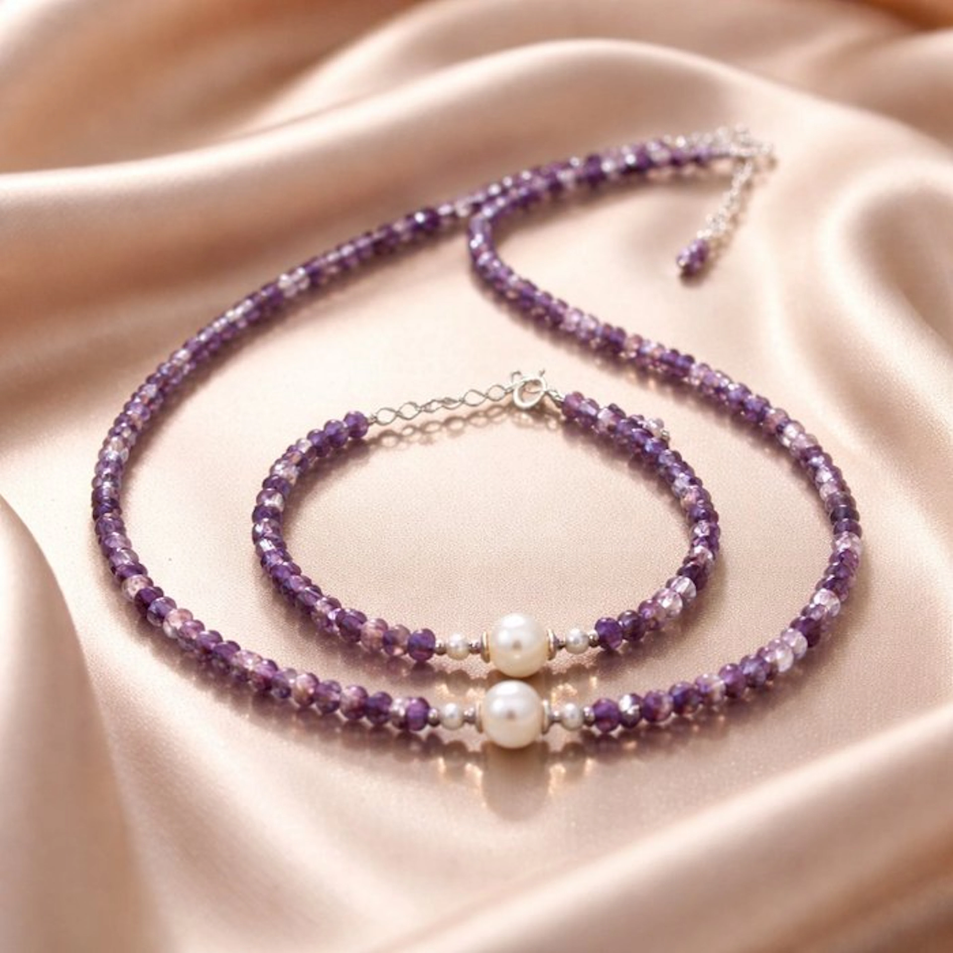 Pearl - Silver - 2 piece jewellery set - Amethyst