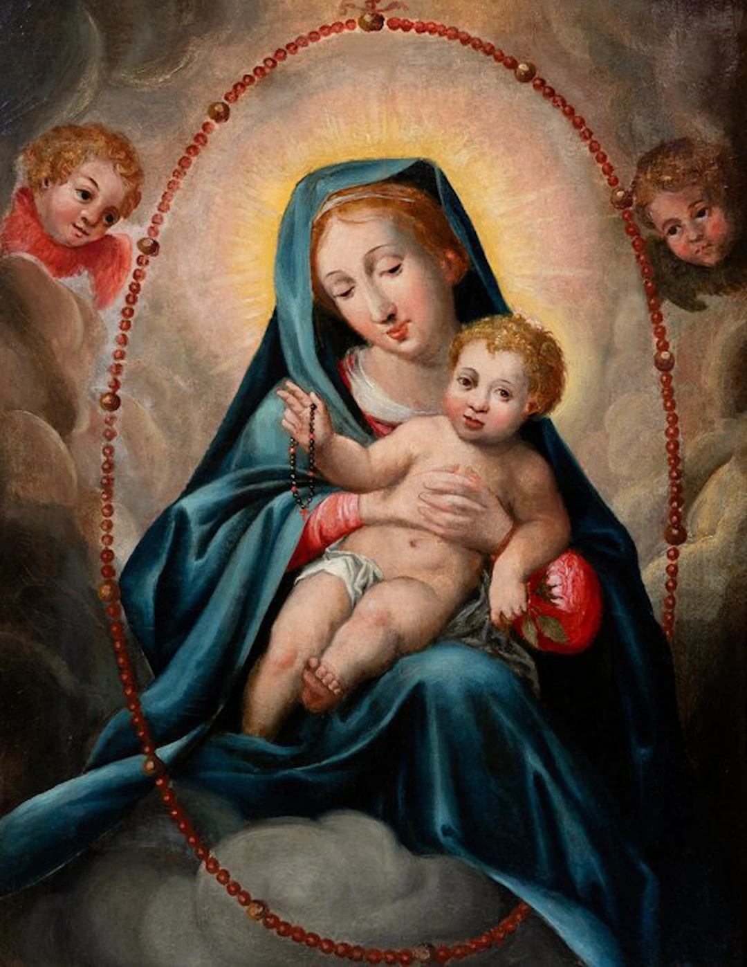 Escuela italiana (XVI-XVII) - Virgen del Rosario con el Niño y querubines