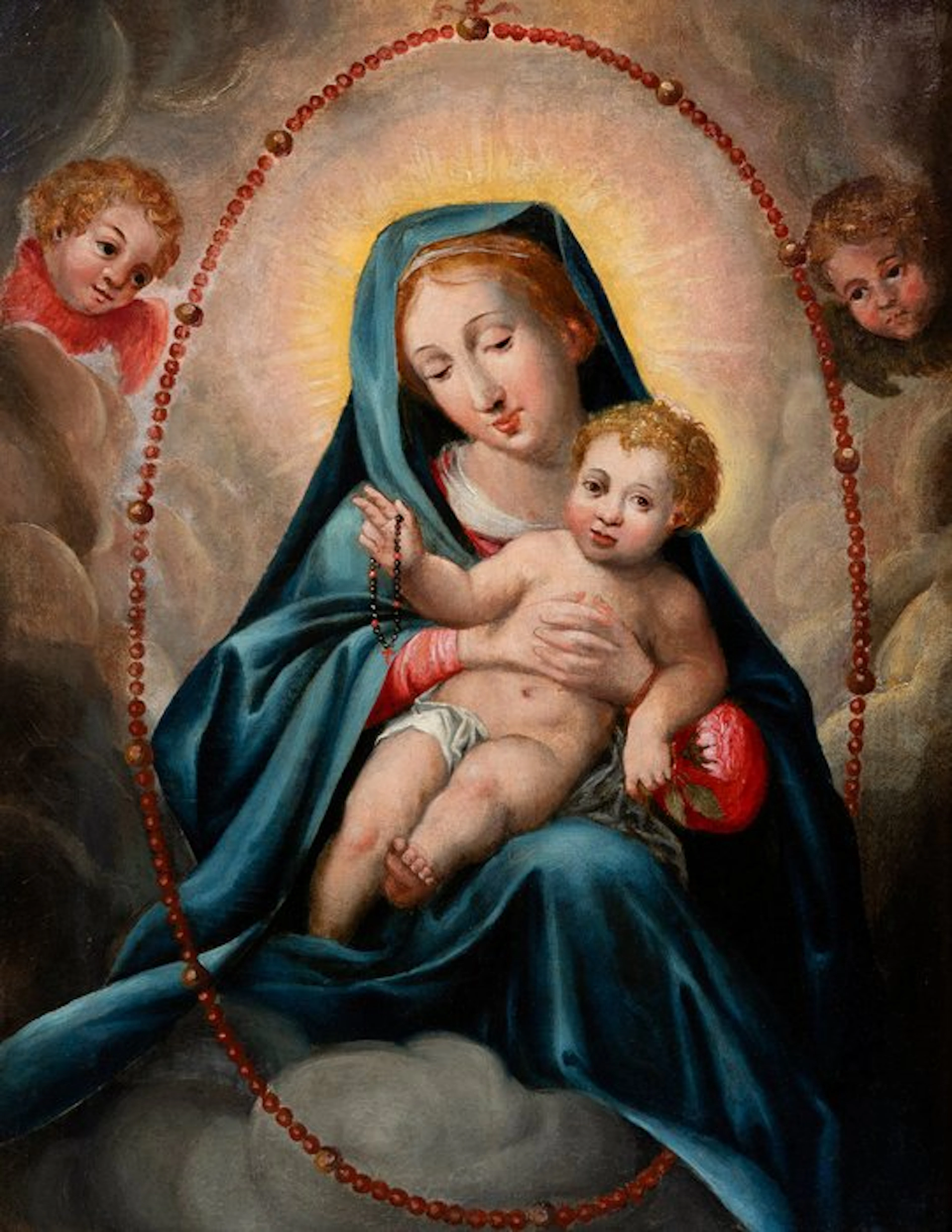 Escuela italiana (XVI-XVII) - Virgen del Rosario con el Niño y querubines