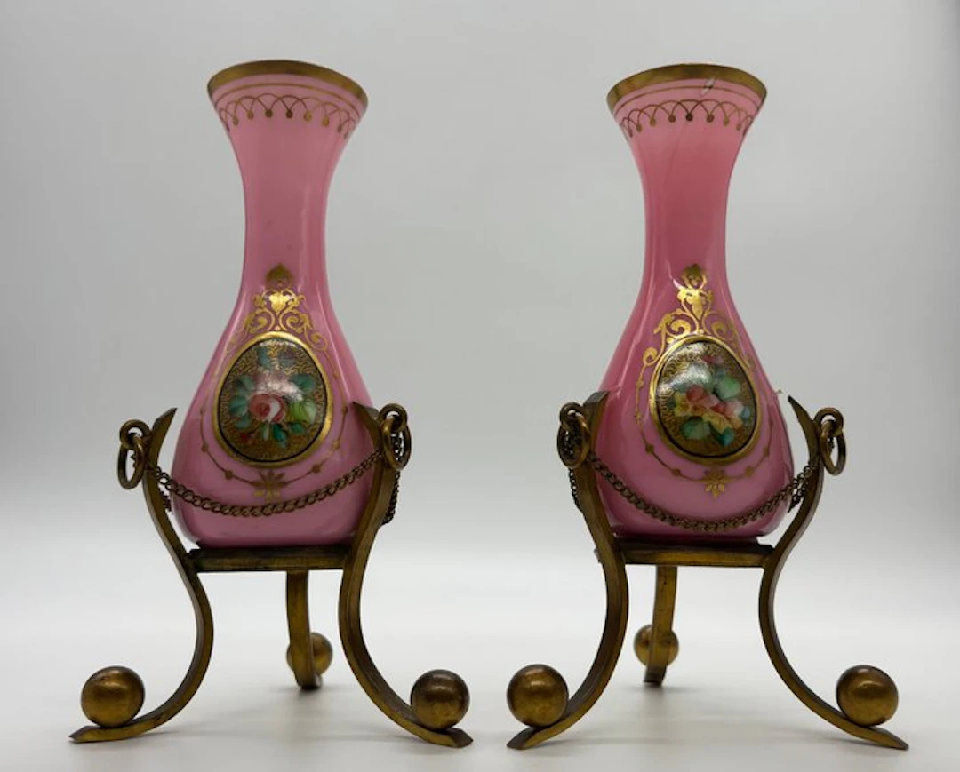 Vase (2) - Pair of antique vases in pink opaline glass...