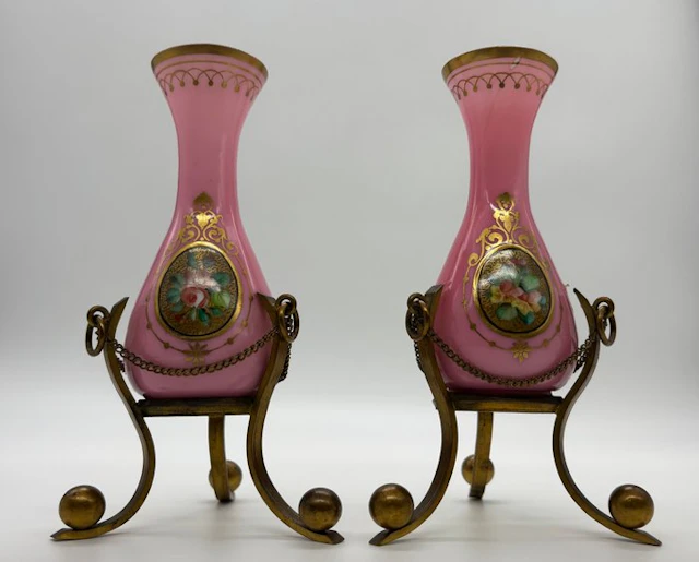 Vase (2) - Pair of antique vases in pink opaline glass...