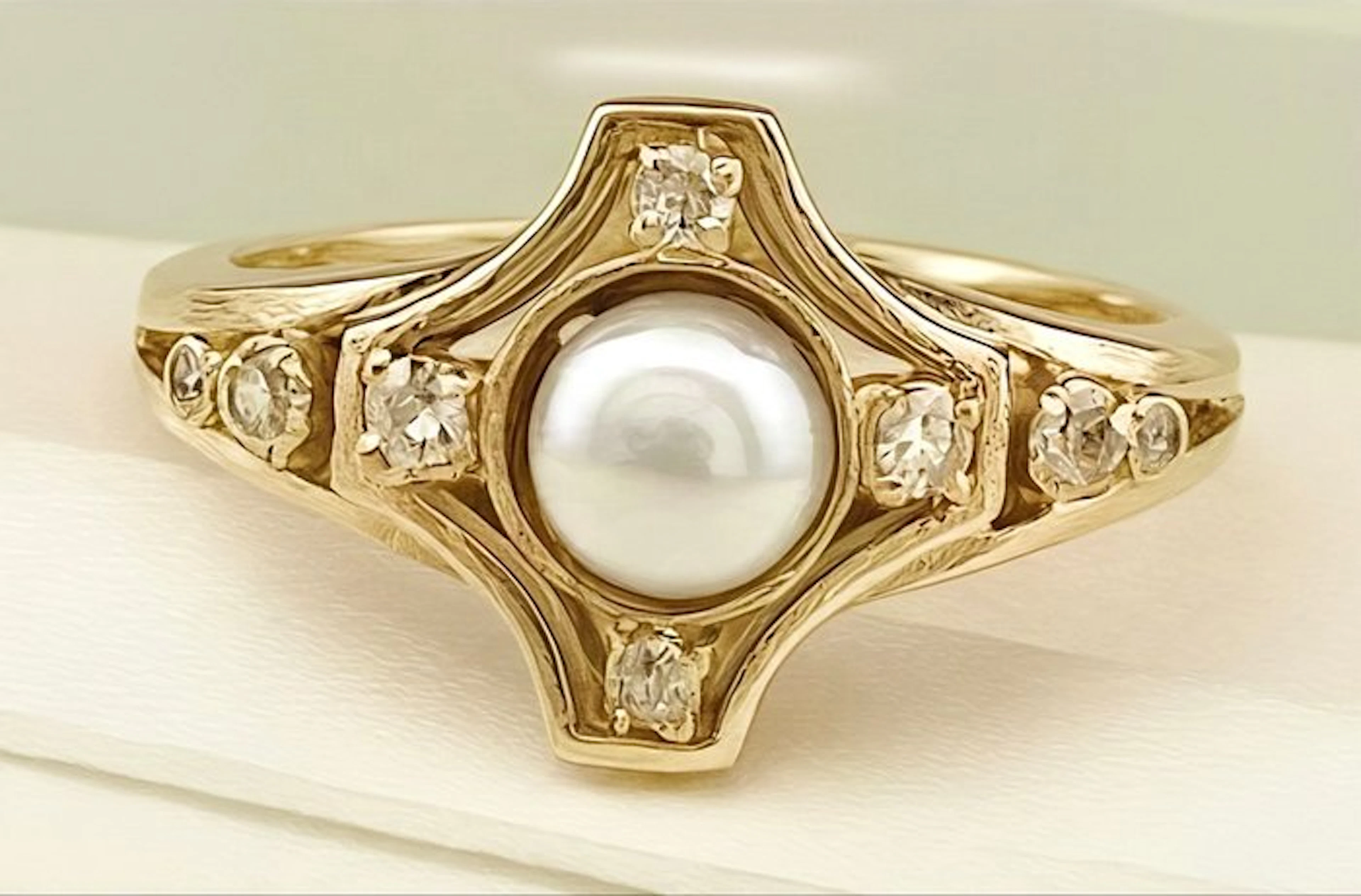 No reserve price - Ring - 14 kt. Yellow gold Diamond (Natural) - Pearl