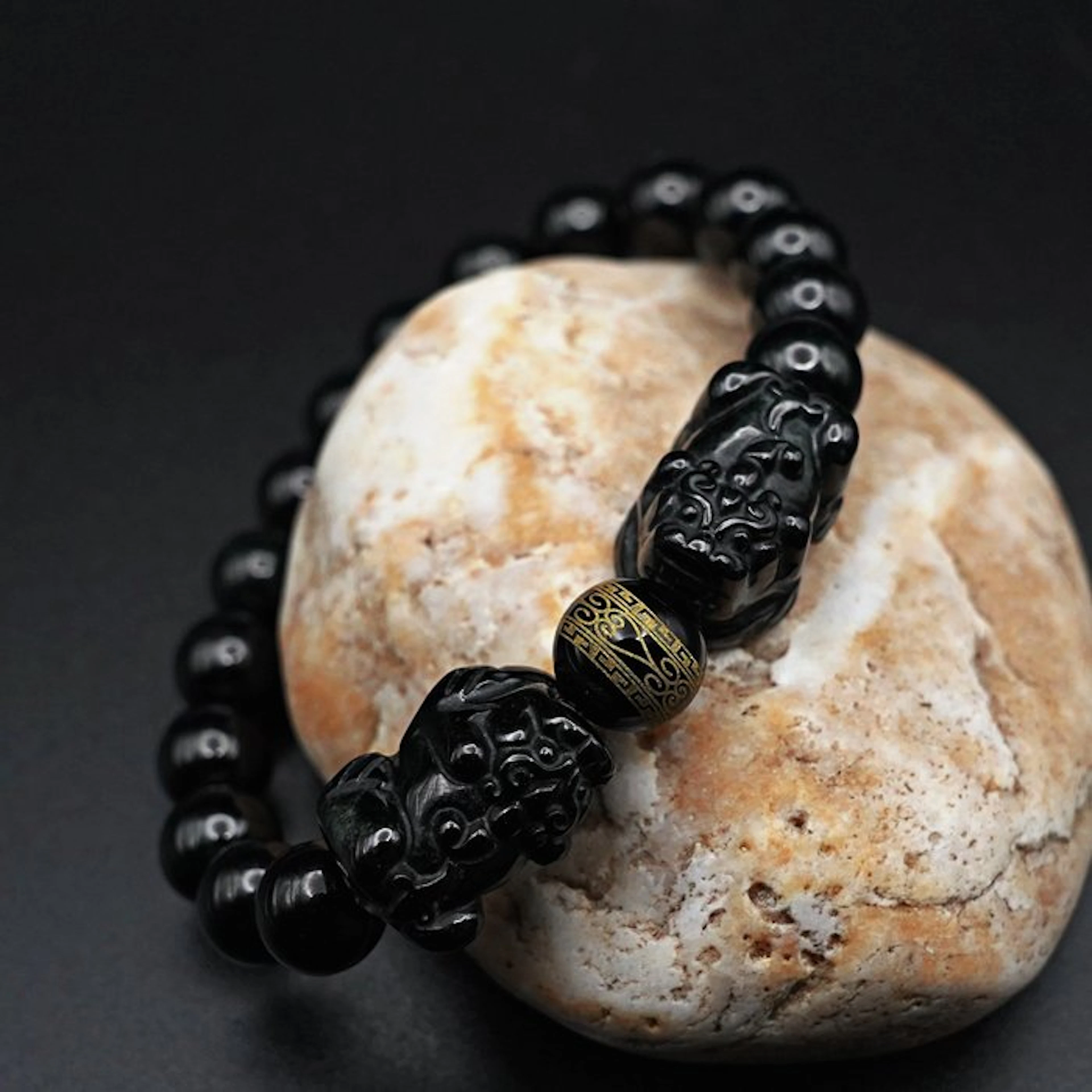 Natural Black Nephrite Jade Bracelet - Hand-Carved Pi Xiu...