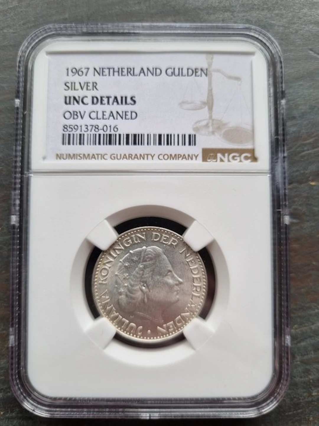 Netherlands. Juliana. 1 Gulden 1967 NGC slab unc details (No reserve price)