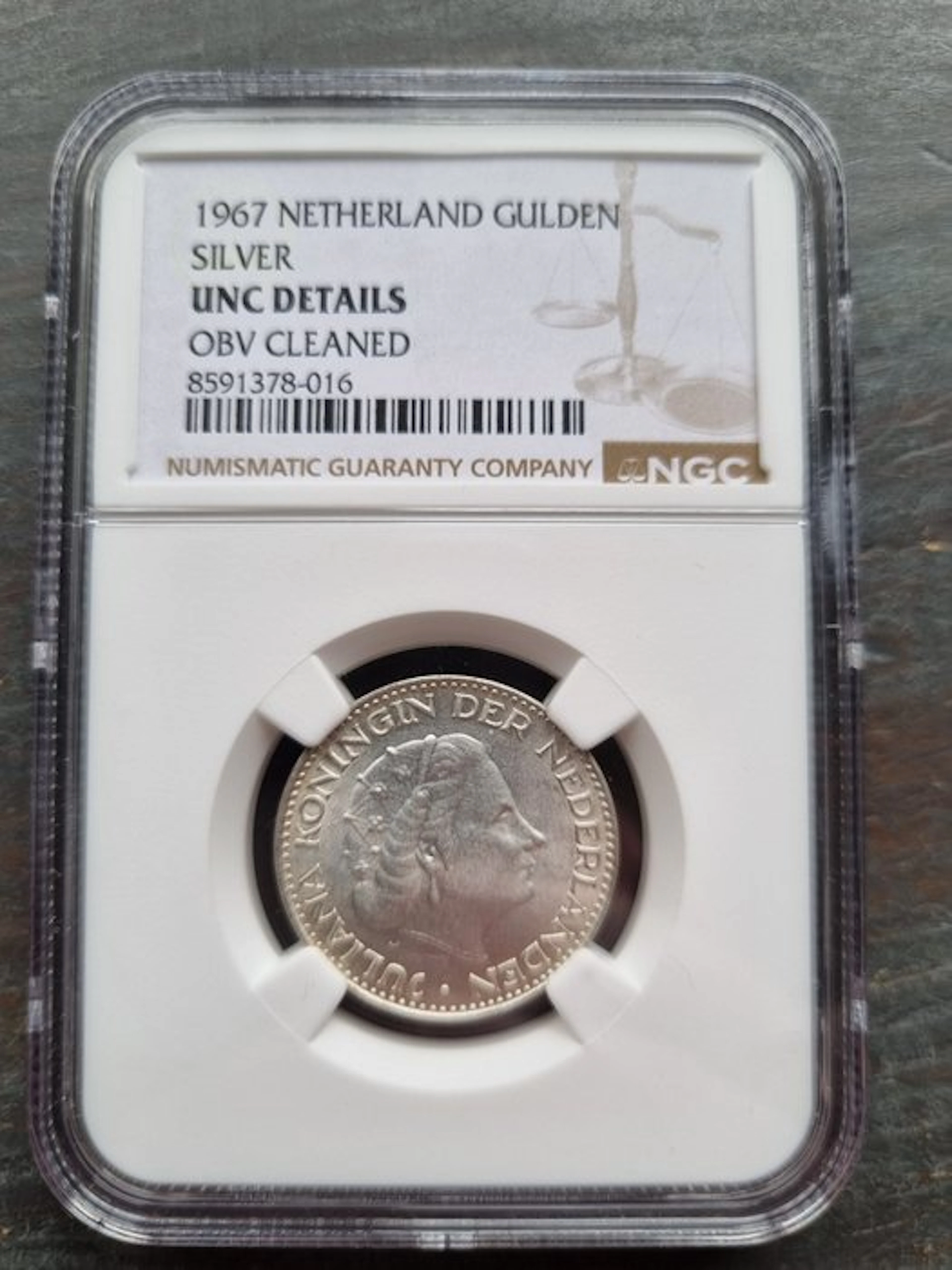 Netherlands. Juliana. 1 Gulden 1967 NGC slab unc details (No reserve price)