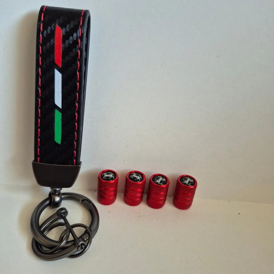 Ferrari-style valve caps set + keychain in Italian flag colours - Ferrari