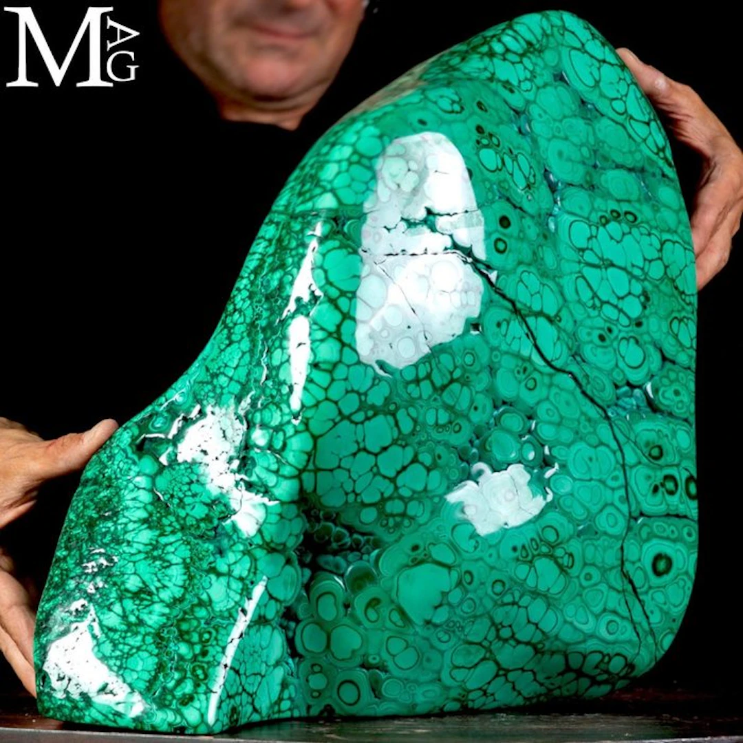 Giant display of polished Congo malachite