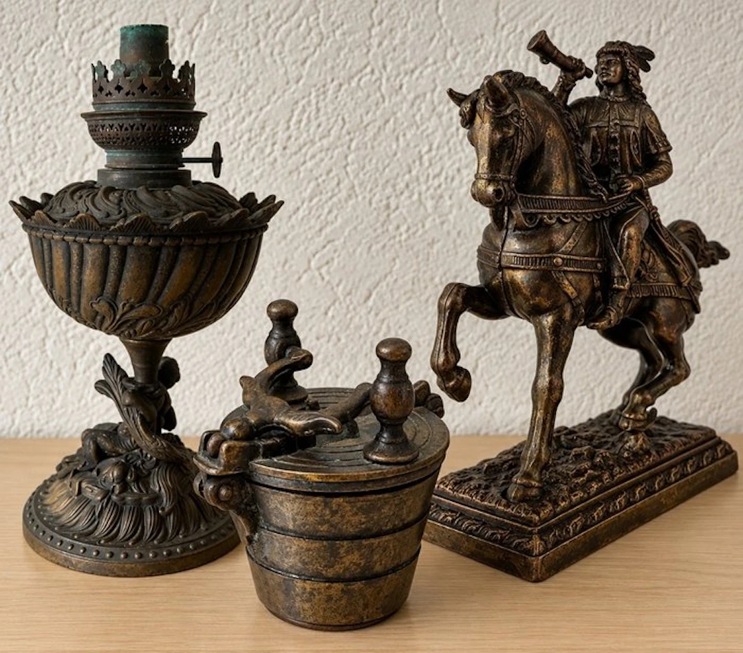 Sculpture, Lot de 3 objets d'art décoratifs anciens - 18 cm - Bronze, Brass