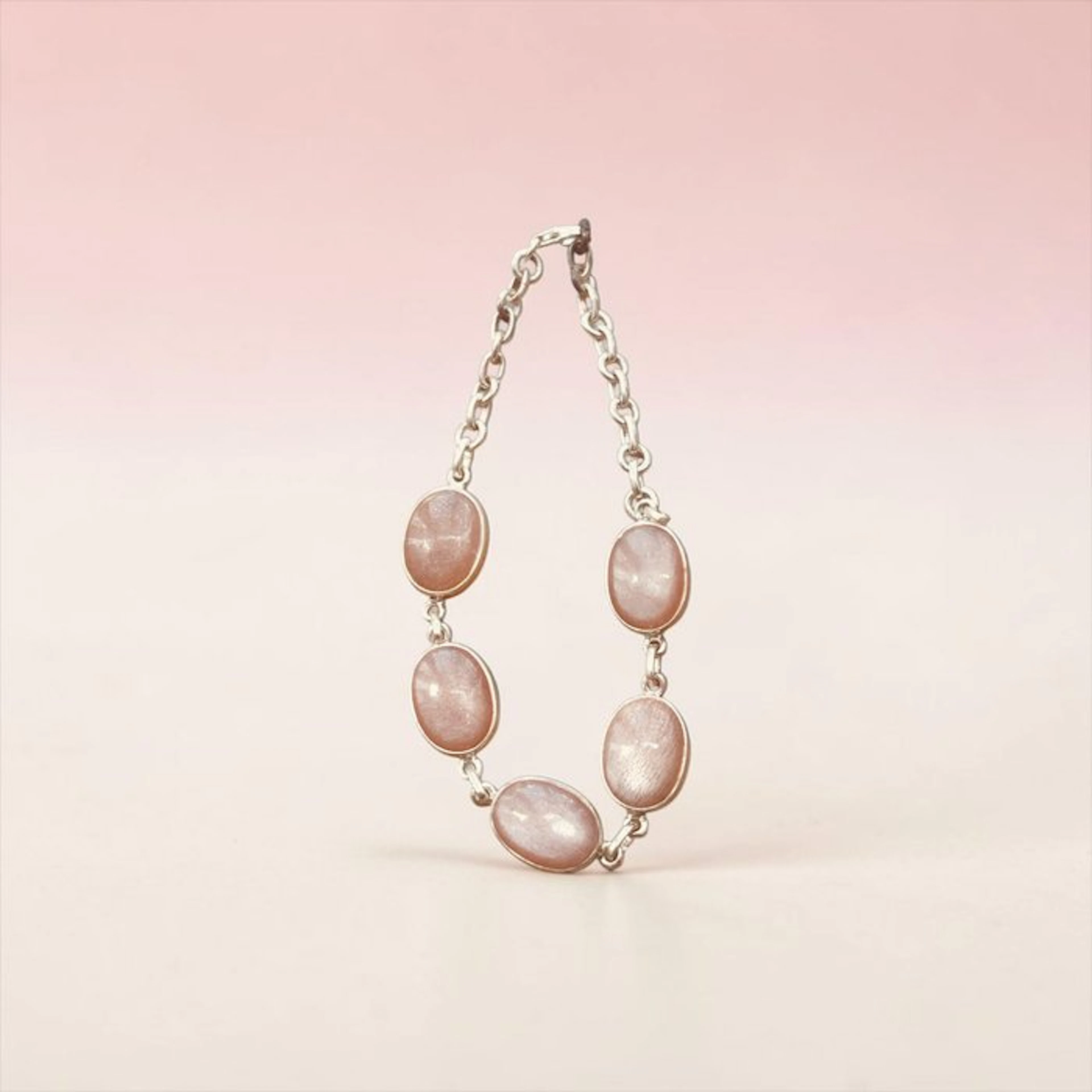 Moonstone Peach Silver Bracelet - Height: 20 cm - Width: 2 cm- 12 g - (1)