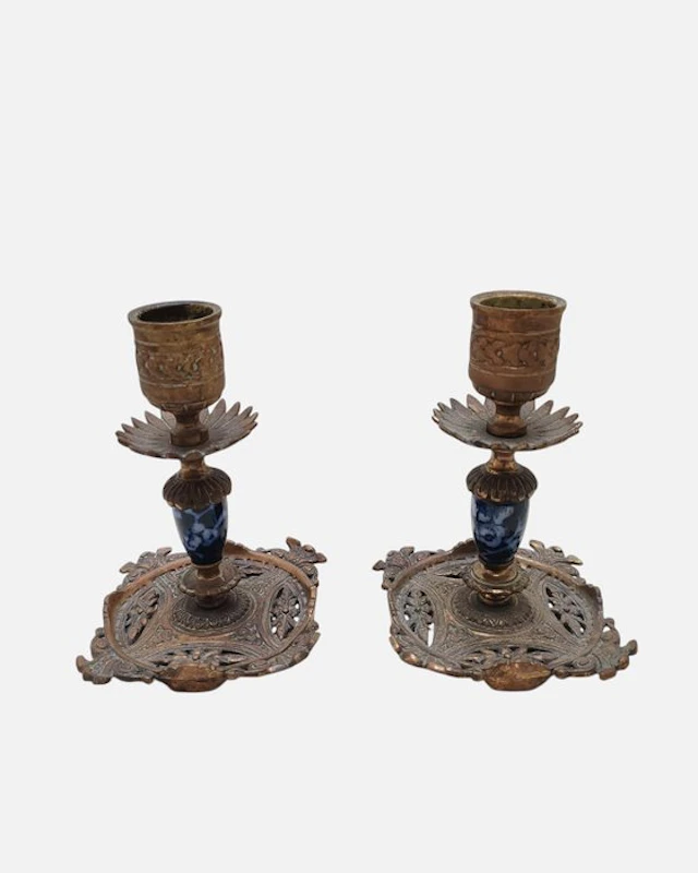 Candlestick (2) - Brass, Porcelain