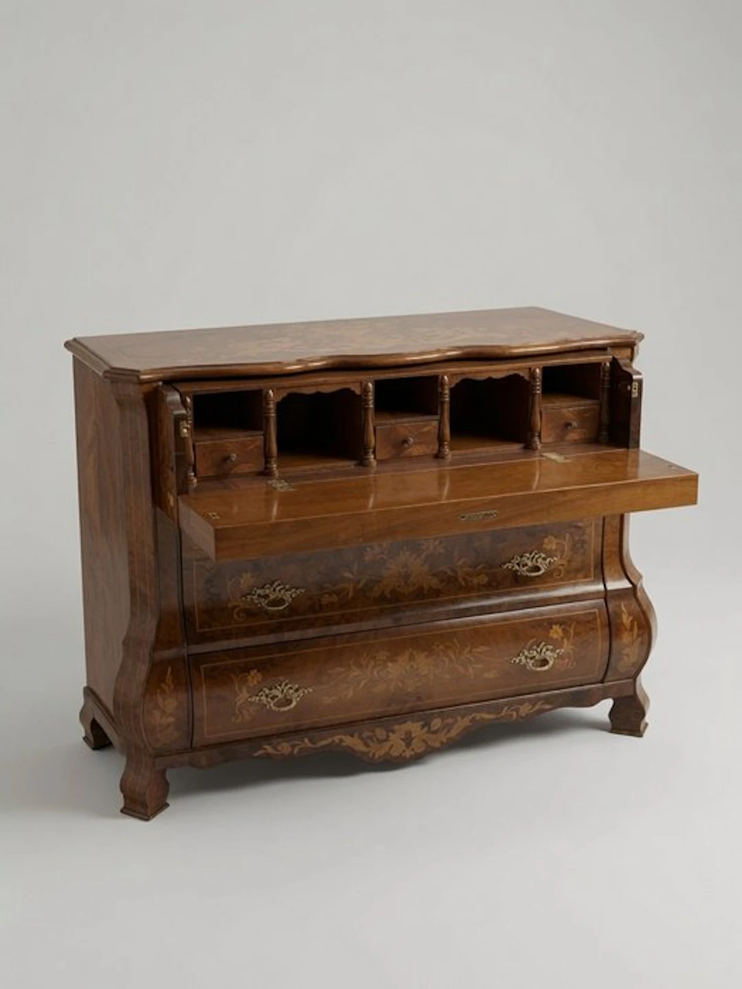 Commode - Dutch Baroque Floral Marquetry Walnut Bureau Commode - Wood