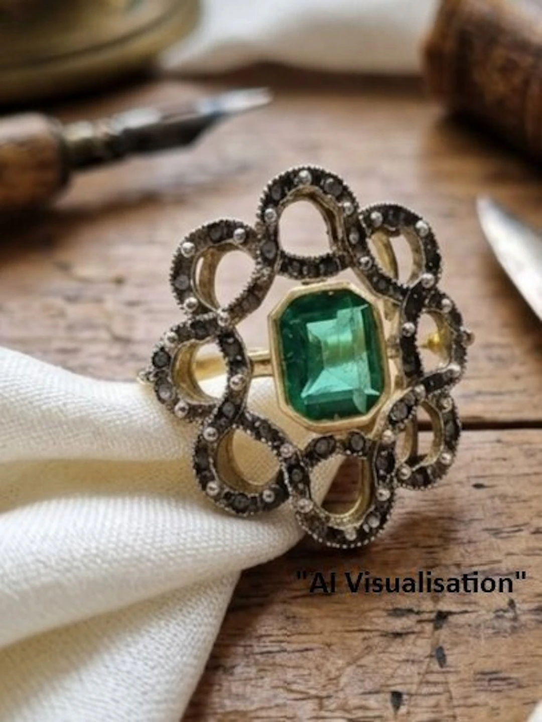 No reserve price - Ring - 9 kt. Silver, Yellow gold Emerald - Diamond