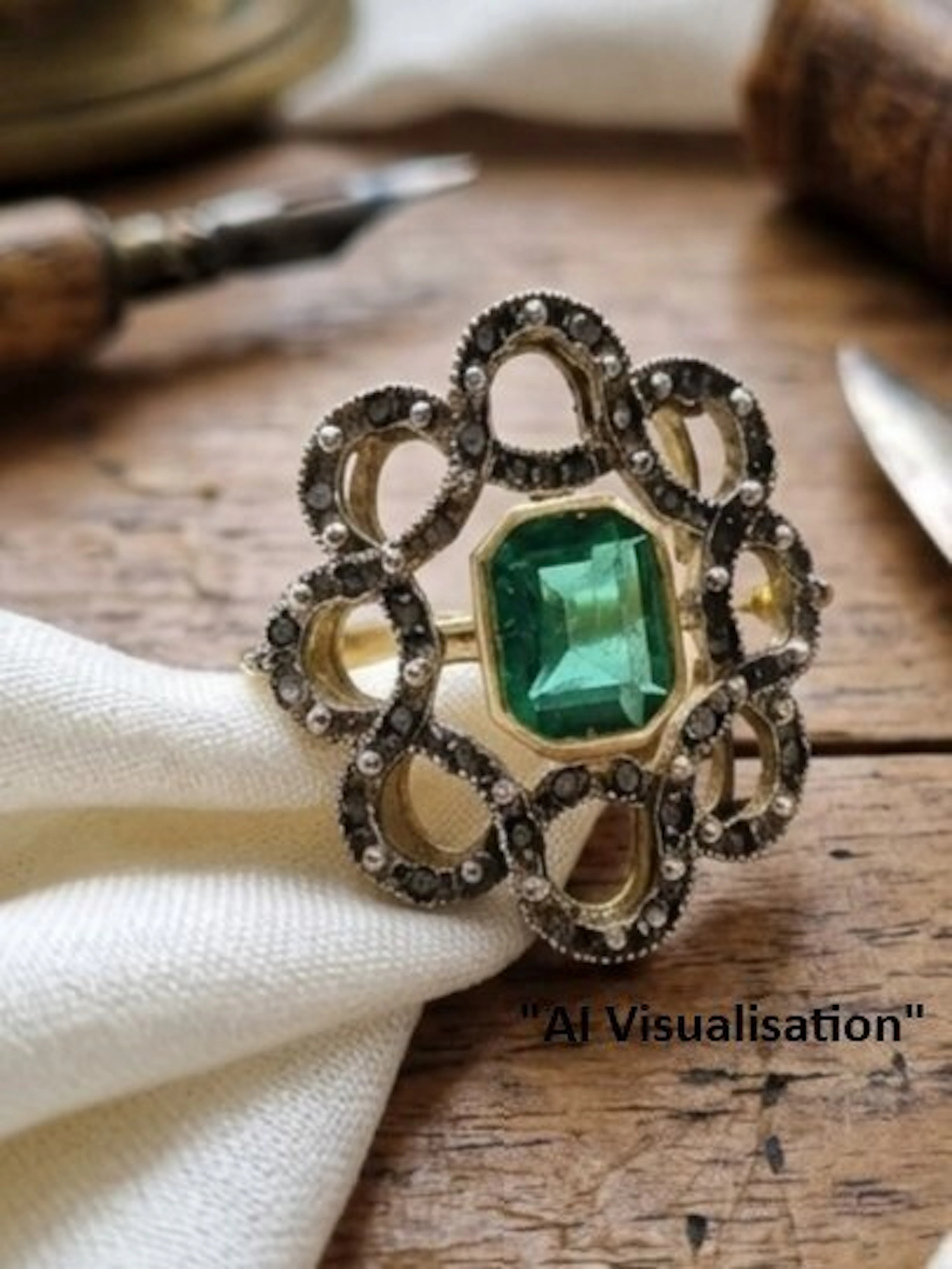 No reserve price - Ring - 9 kt. Silver, Yellow gold Emerald - Diamond