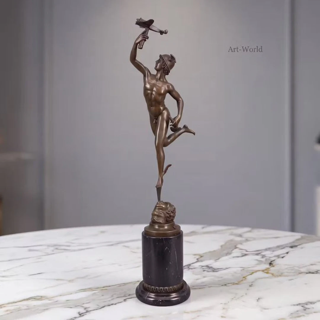 Statue, XL Exclusief sculptuur van Mercury 72 cm - 72 cm - Bronze, Marble
