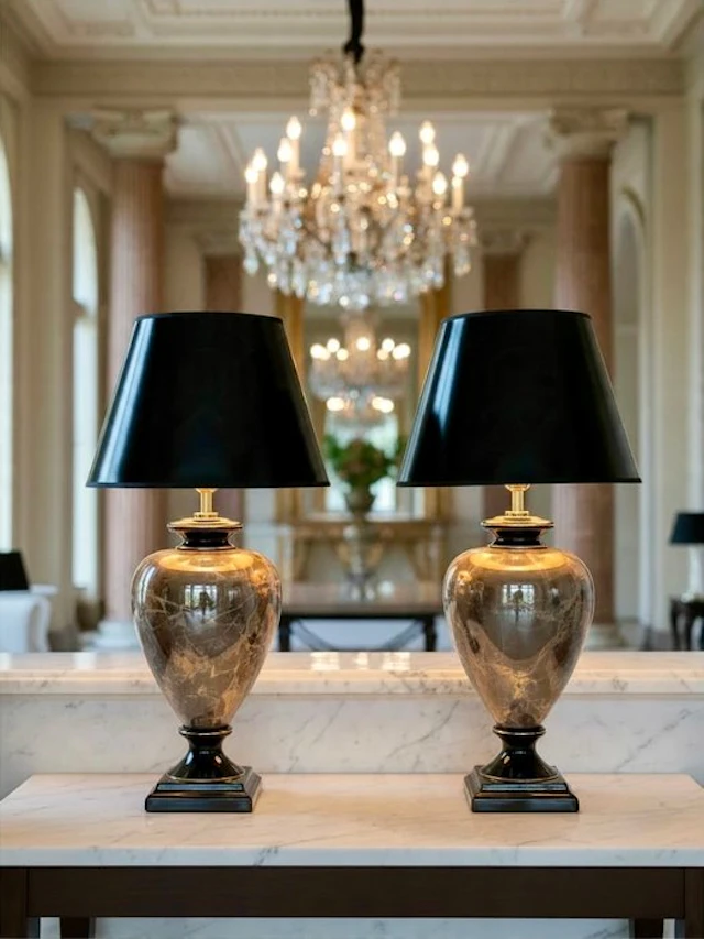 Table lamp (2) - Pair of Luxury Hollywood Regency Table Lamps – Marbled Ceramic