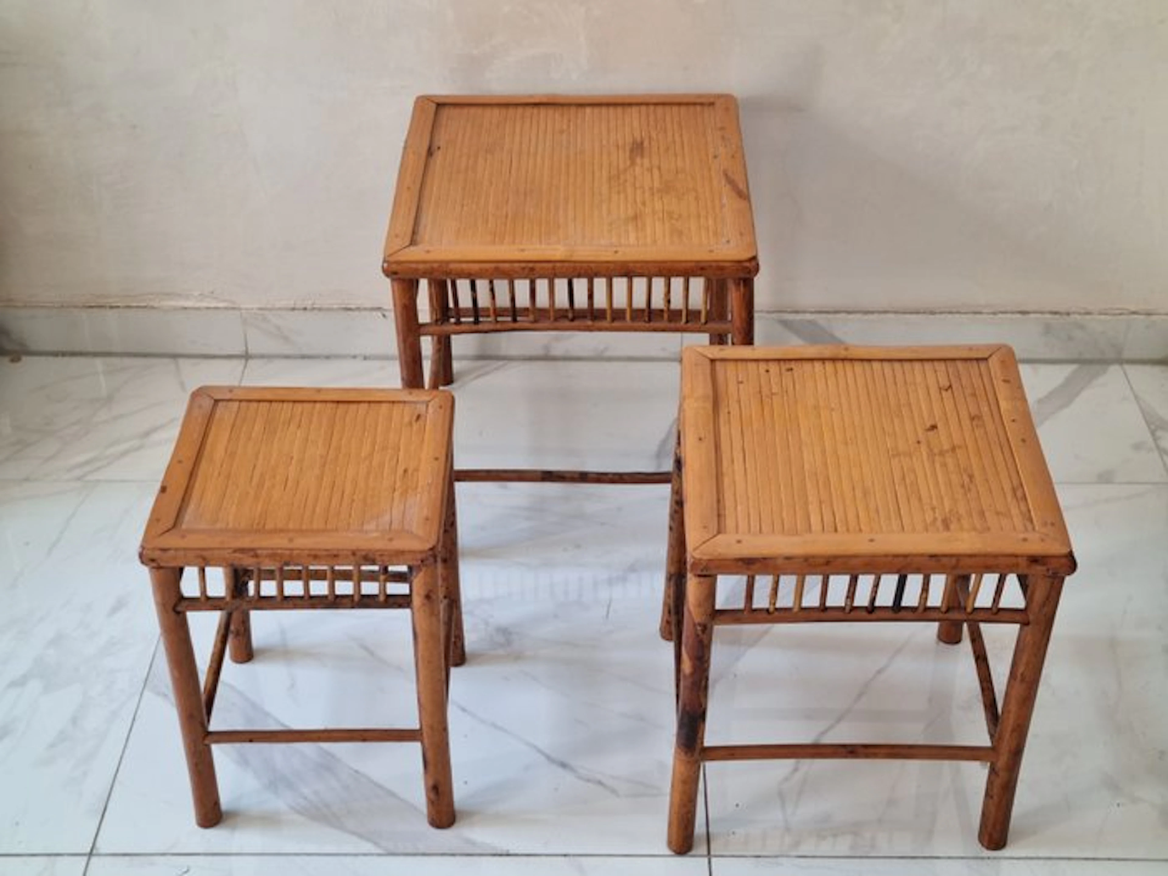 Vintage Bambus Satztische – 3-Teiliges Beistelltisch Set - Side table - Bamboo