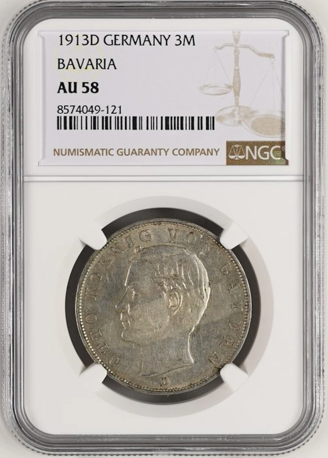 Germany, Bavaria Otto. 3 Mark 1913 - NGC AU58