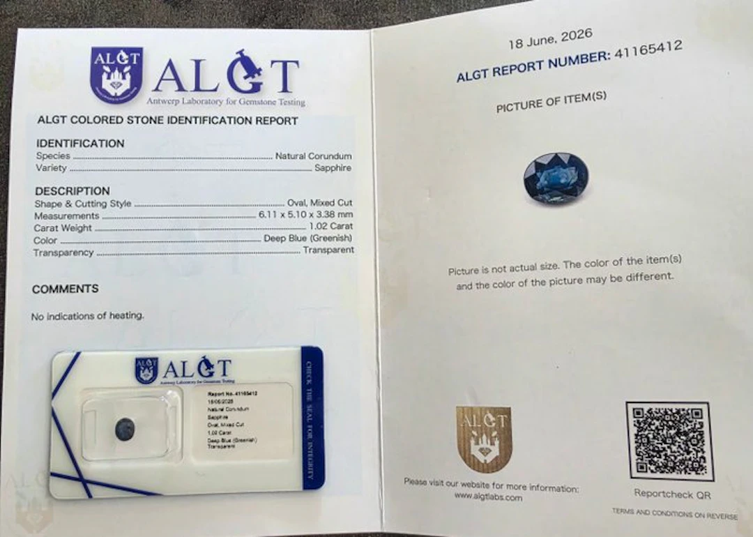 1 pcs Blue Sapphire - 1.02 ct - Antwerp Laboratory for Gemstone Testing (ALGT)