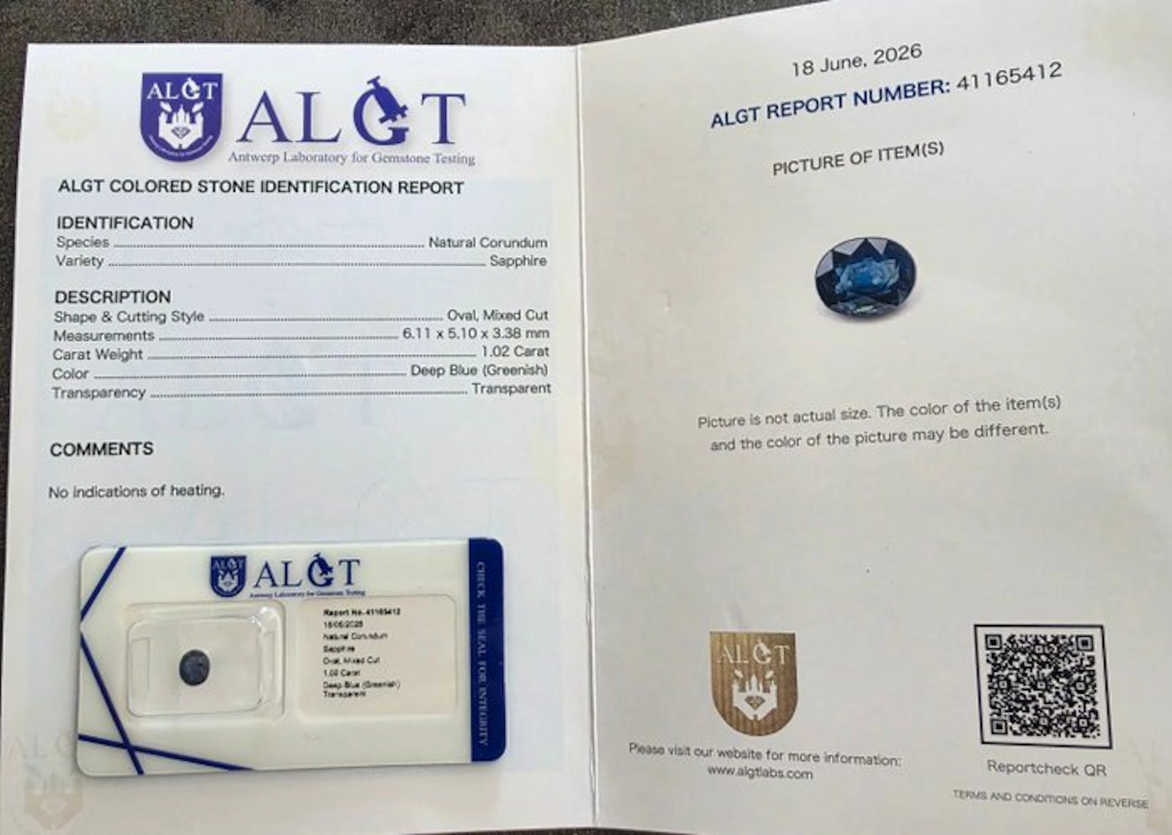 1 pcs Blue Sapphire - 1.02 ct - Antwerp Laboratory for Gemstone Testing (ALGT)