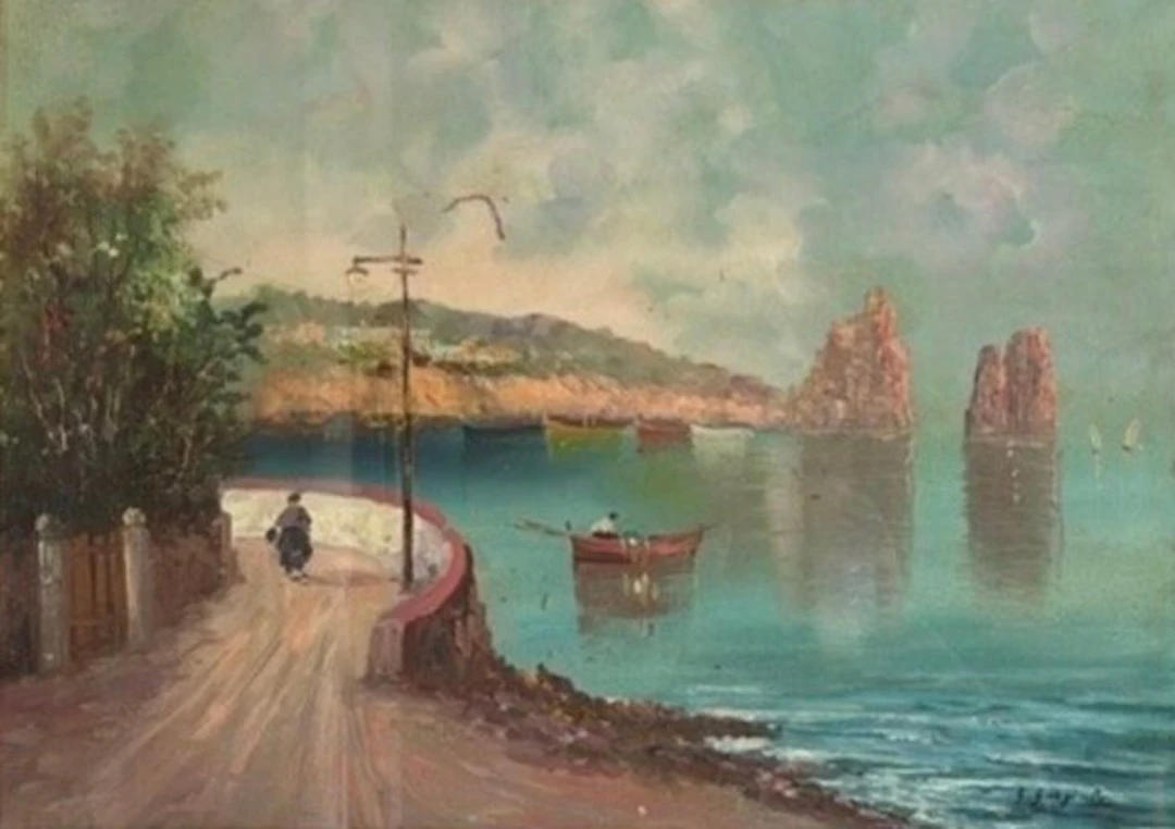 Giuseppe Gargiulo (XX) - Marina di Capri con barche da pesca e Faraglioni