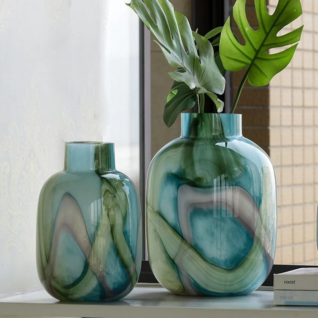 Cloudnola - Vase - Set of 2 Handblown Jade Marble Glass...
