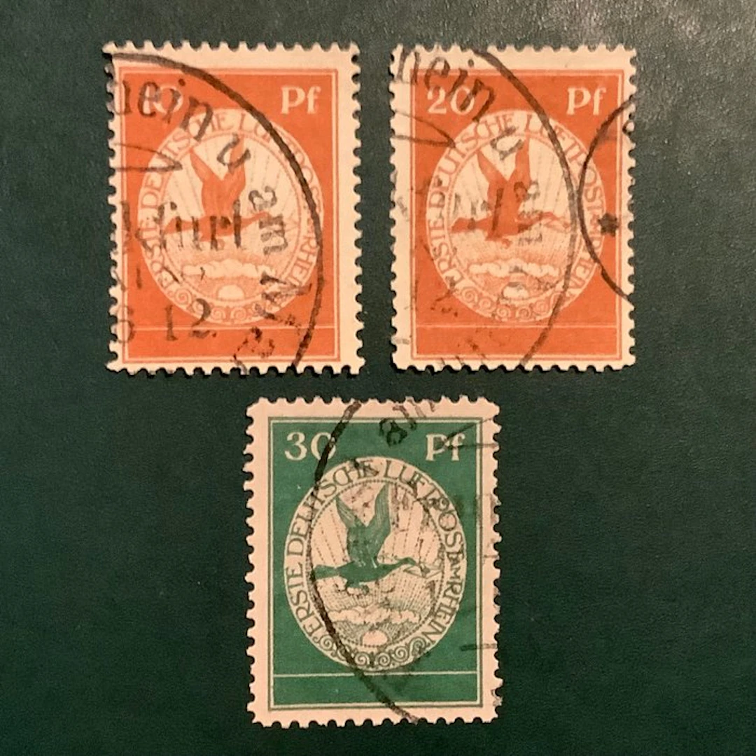 German Empire 1915 - First airmail issue approved by Pfenninger - Michel I/III