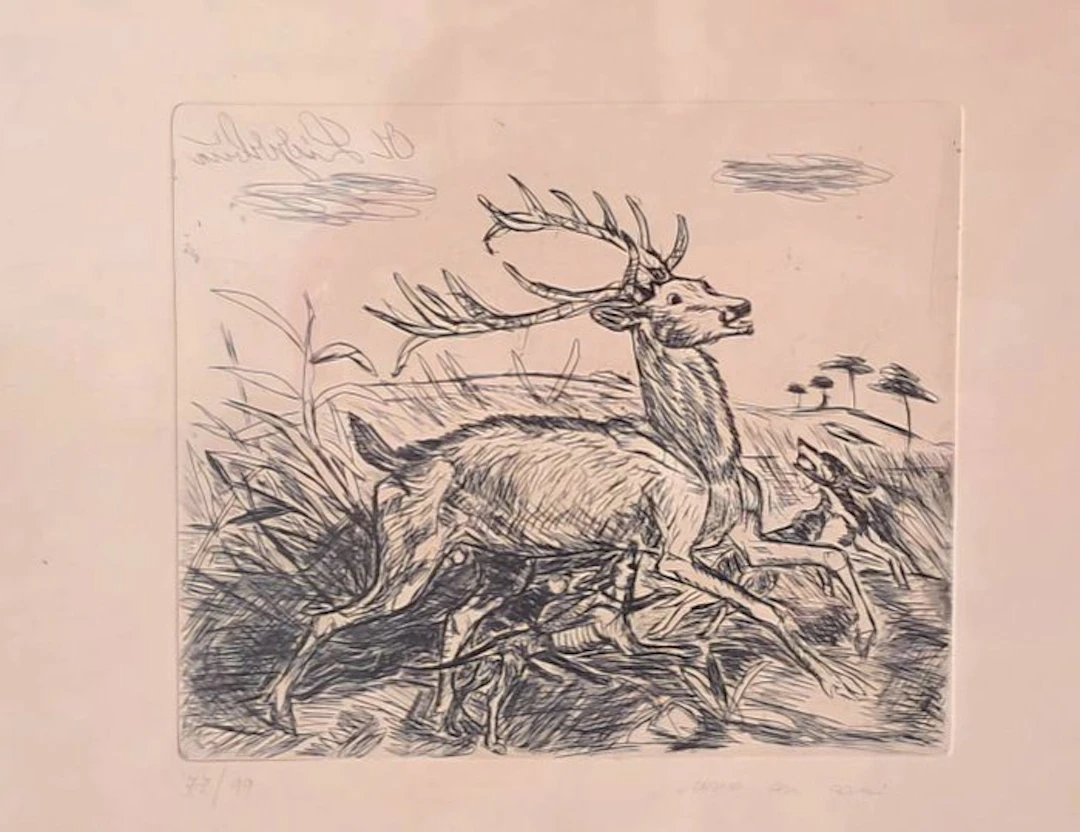 Antonio Ligabue (1899-1965) d'apres - Cervo con cani