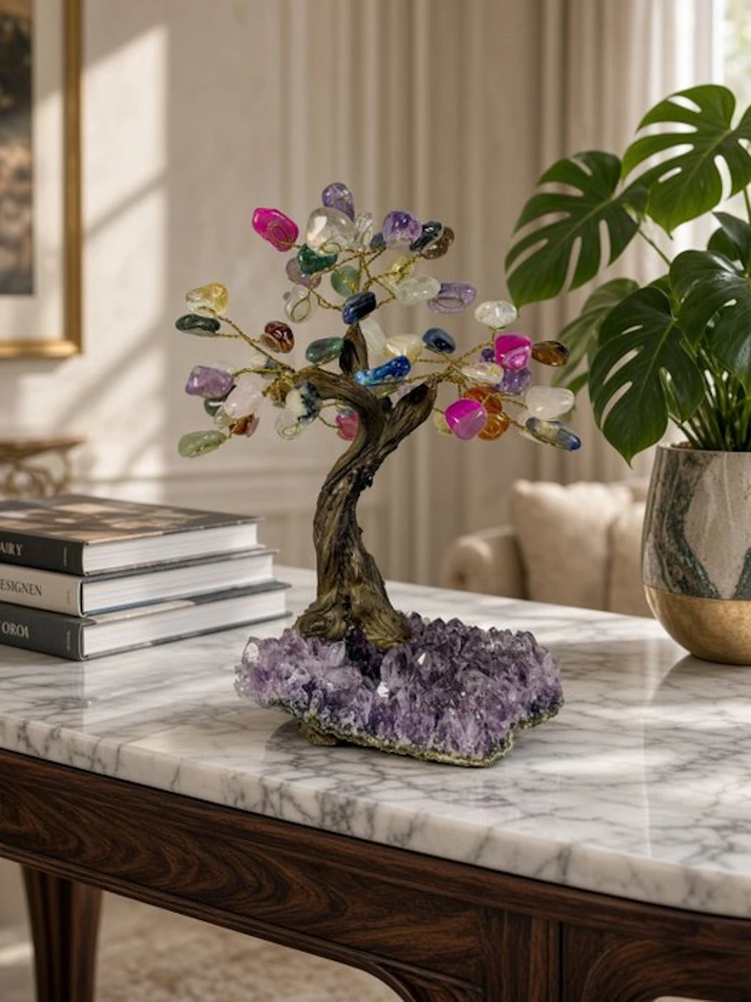 NO RESERVE PRICE - Gorgeous gemstone tree on amethyst...