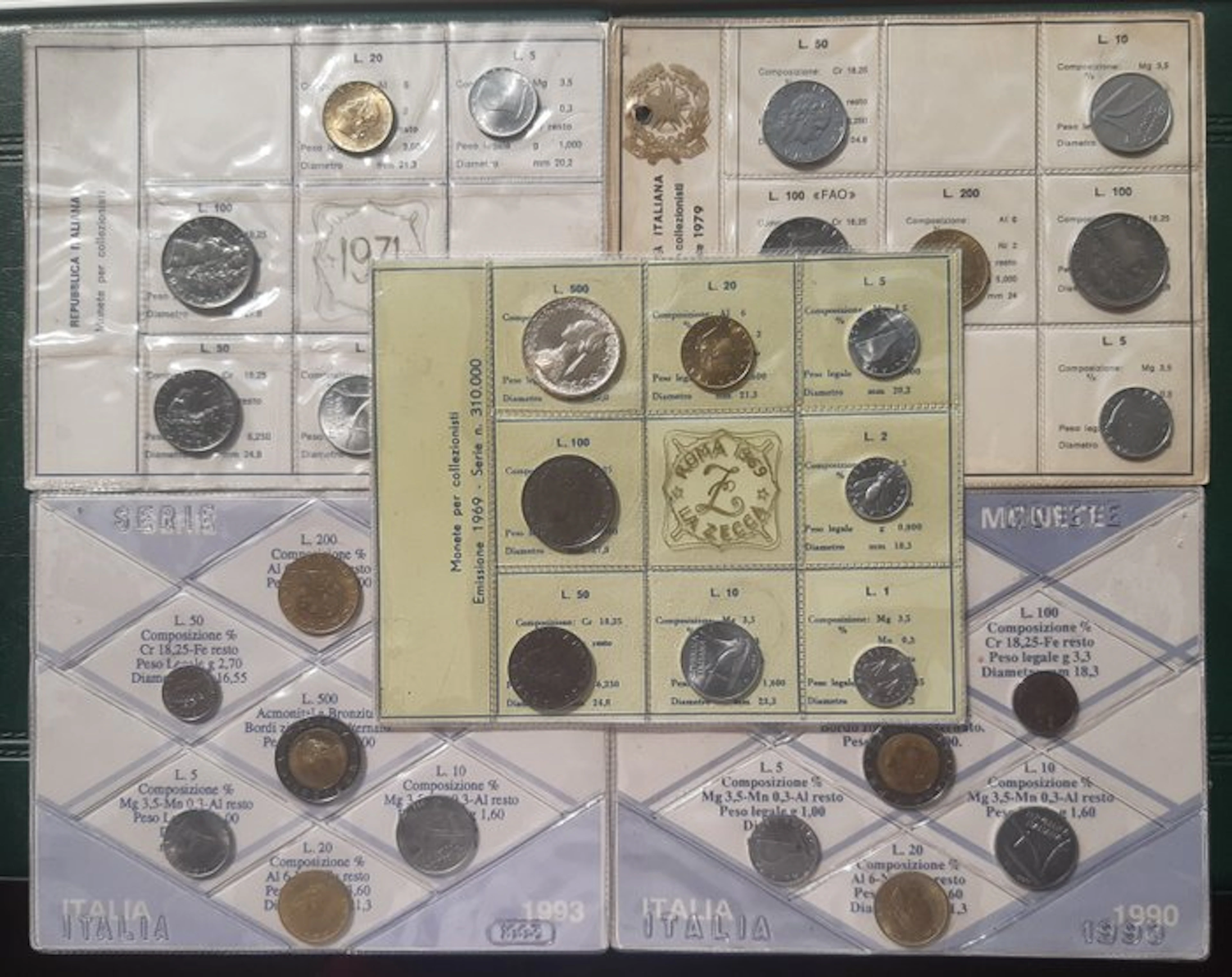 Italy. 5 SERIE DIVISIONALI (1969 con 500 Lire Caravelle...