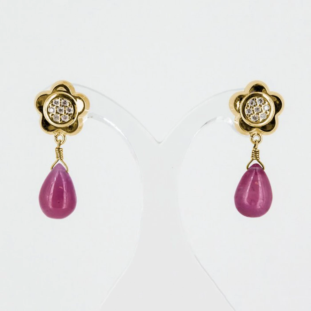 Earrings - 18 kt. Yellow gold Ruby - Diamond