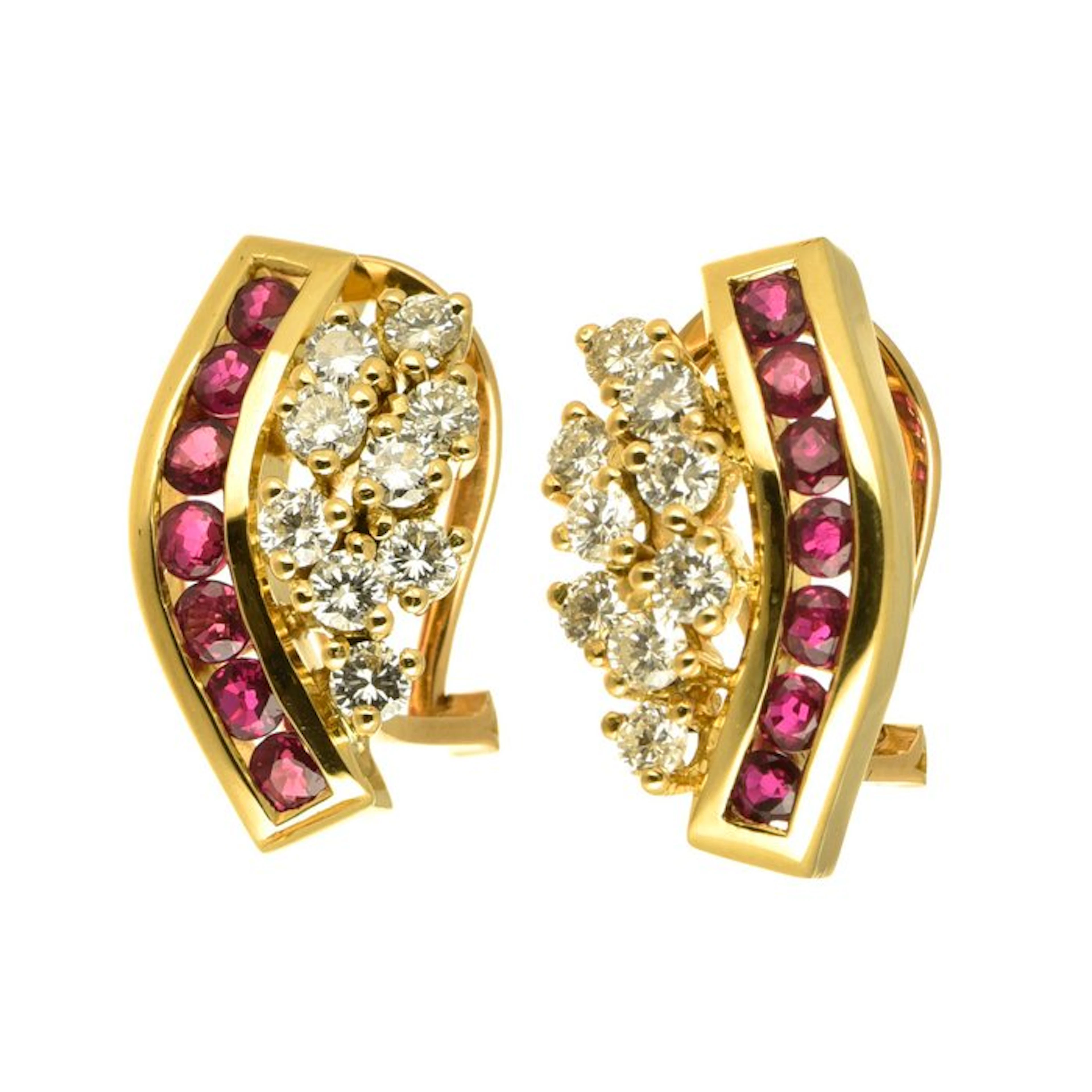 Earrings - 18 kt. Yellow gold Diamond (Natural) - Ruby