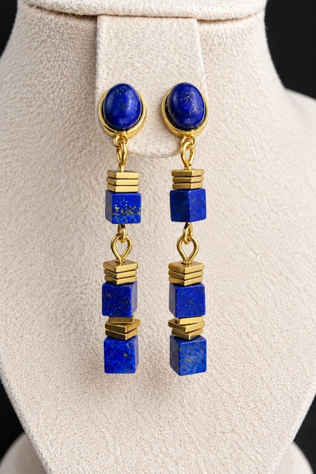 Elegant natural lapis lazuli dangling earrings with gold...