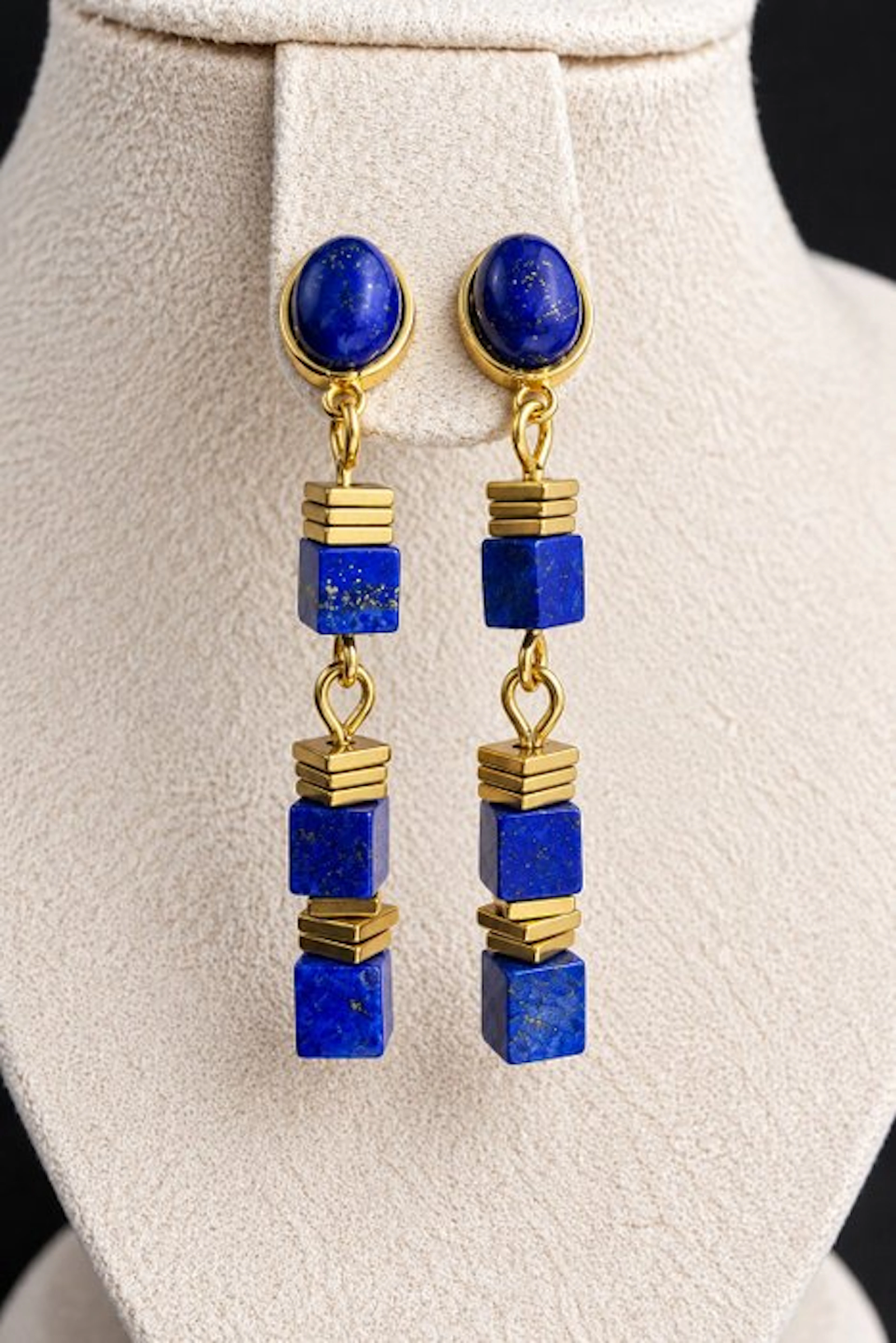 Elegant natural lapis lazuli dangling earrings with gold...