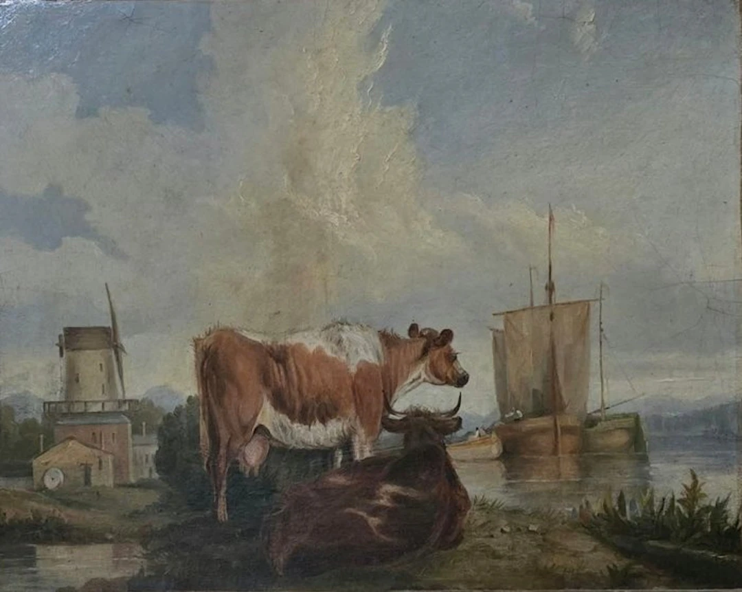 Scuola olandese (XIX), After Albert Cuyp - Paesaggio fluviale con bovini