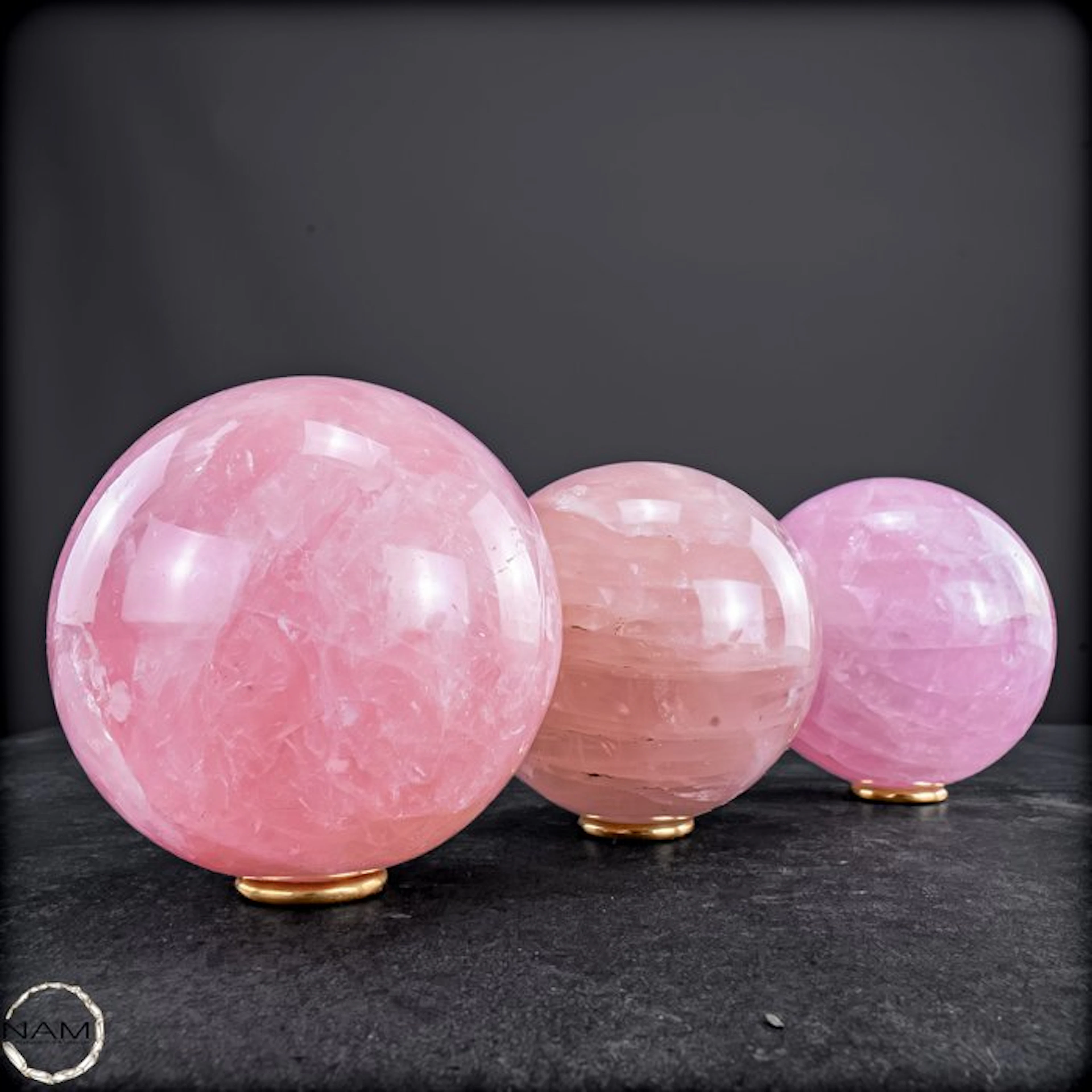 Rose Quartz & Fire Quartz Ball Trio – Three one-of-a-kind...