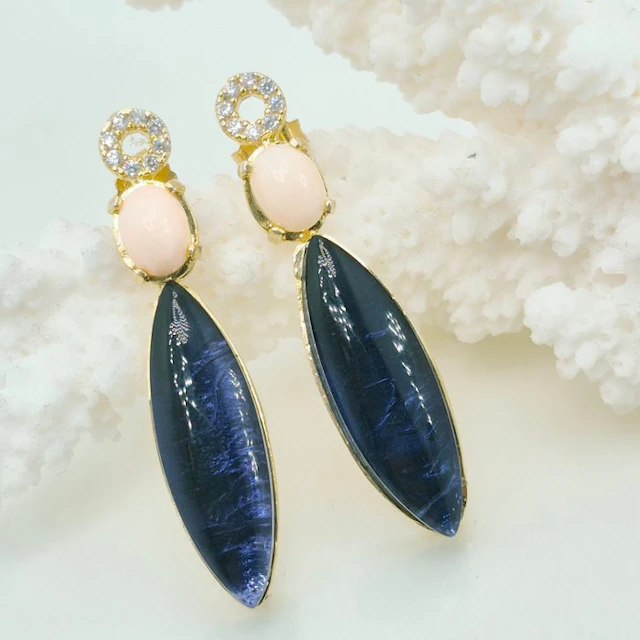 Coral - Silver, Gold-plated - Earrings - Hydro Coral and Quartz