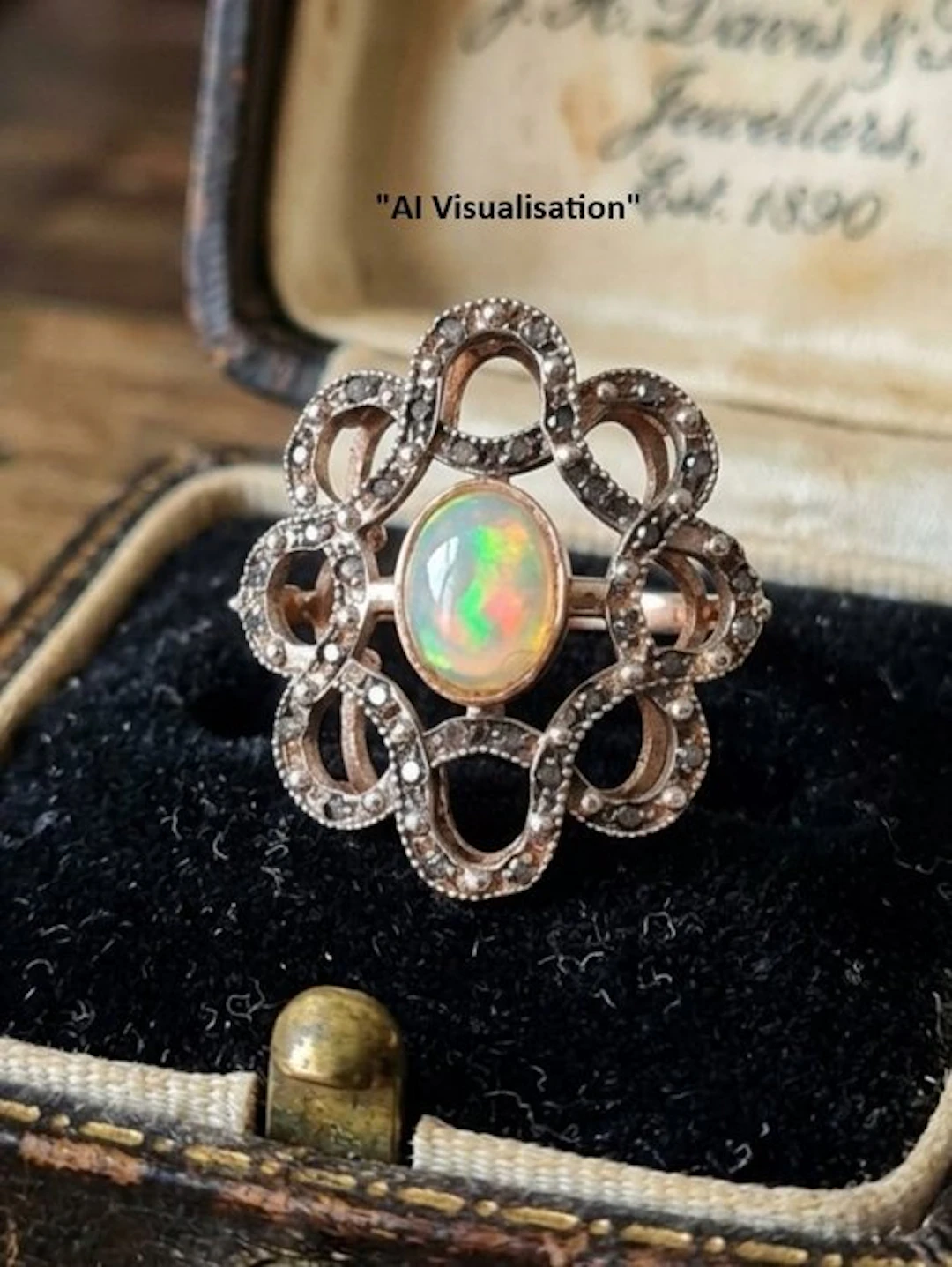 No reserve price - Ring - 9 kt. Silver, Rose gold Opal - Diamond