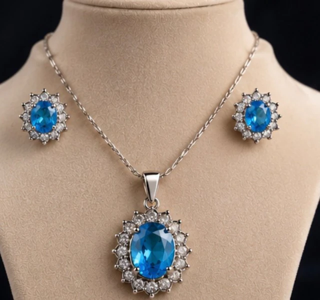 Elegant 925 Sterling Silver Swiss Blue Crystal Jewelry Set - Ring