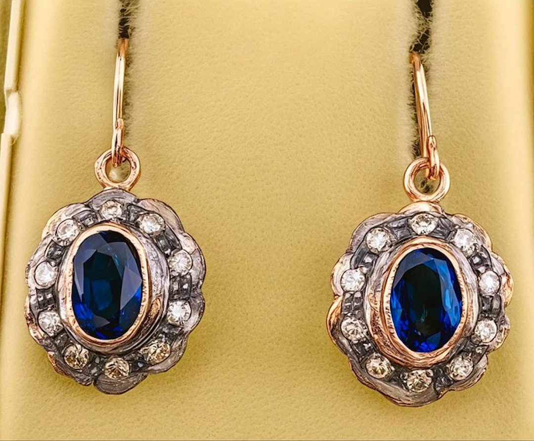 No reserve price - Earrings - 9 kt. Rose gold, Silver Sapphire - Diamond
