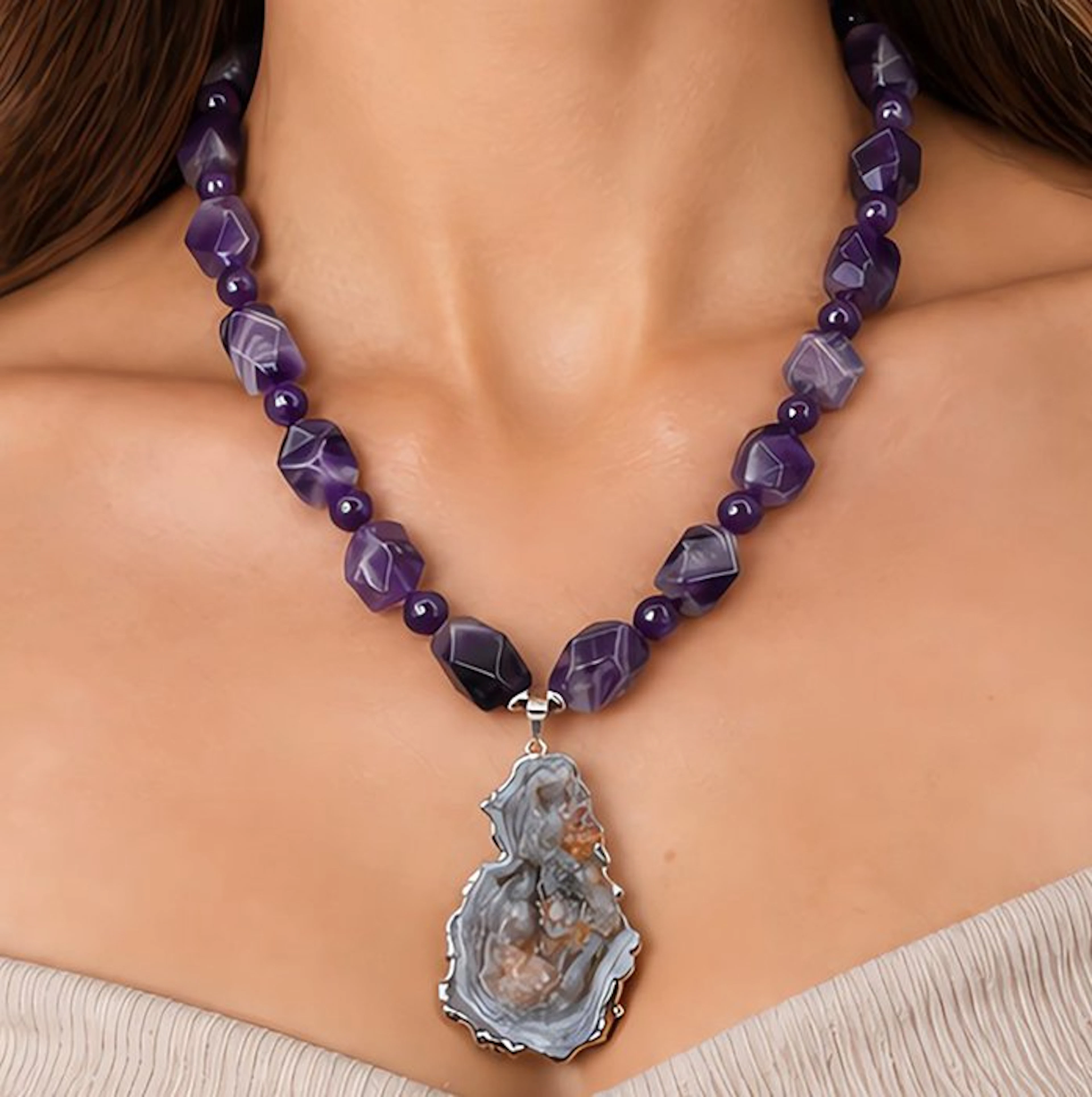 Handmade Amethyst necklace with Chalcedony geode pendant...