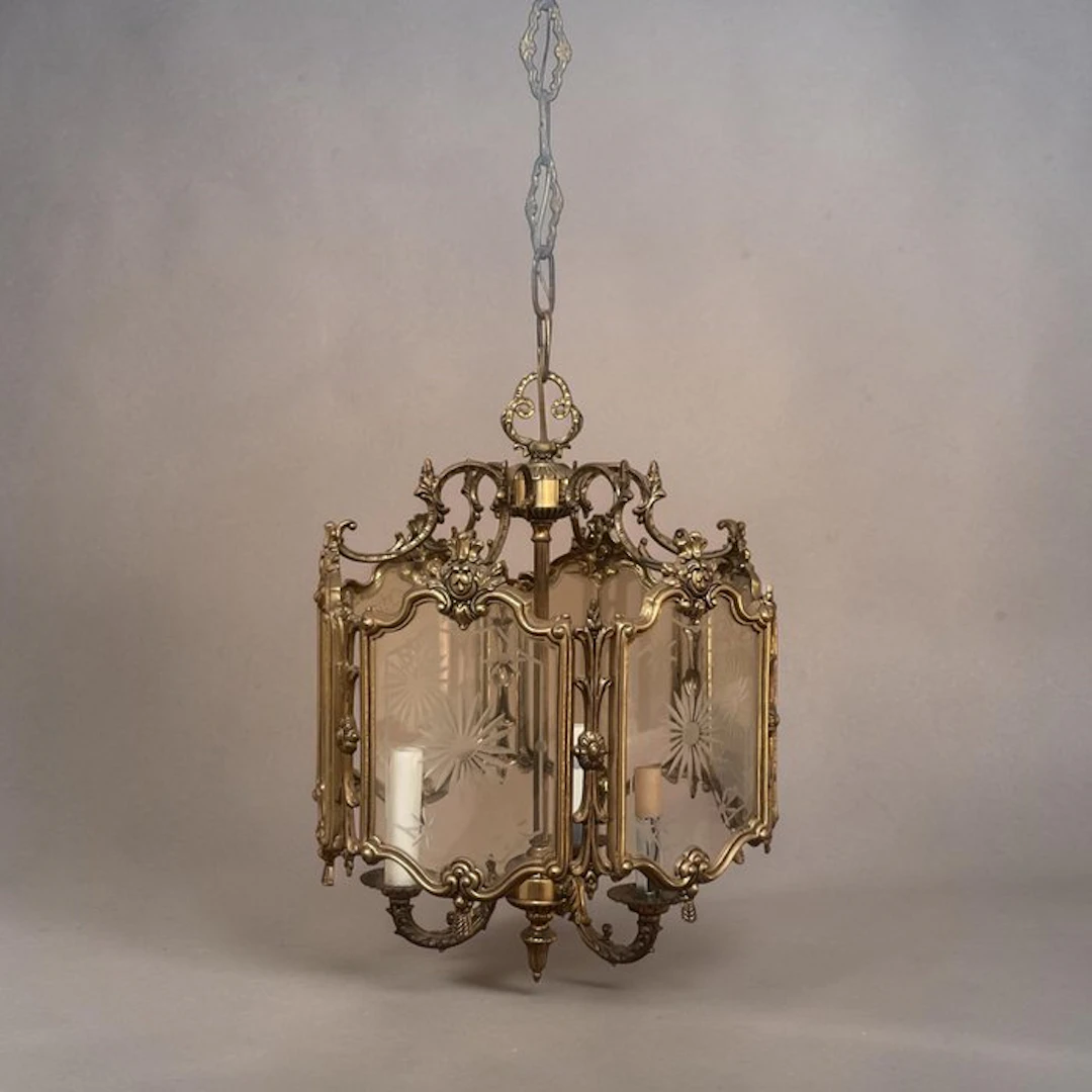 Chandelier - Silver plated brass - Brass Glass Lantern 1930